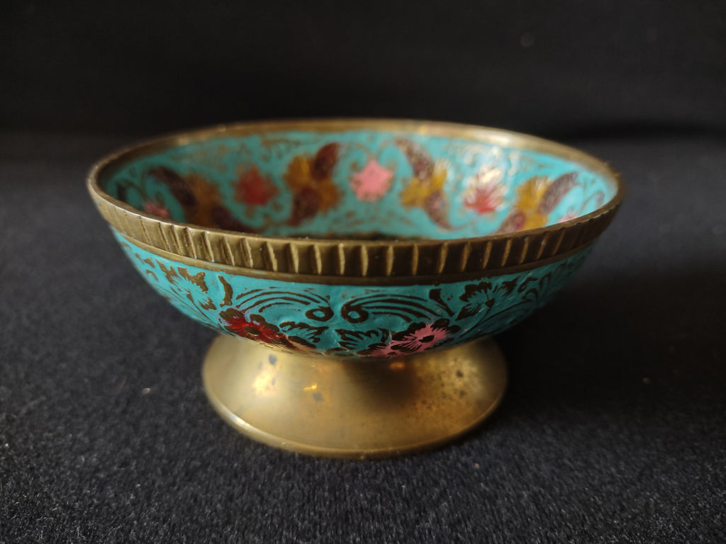 Vintage Metal Enameled Small Footed Bowl Peacock IMPERFECT (lot 5281)