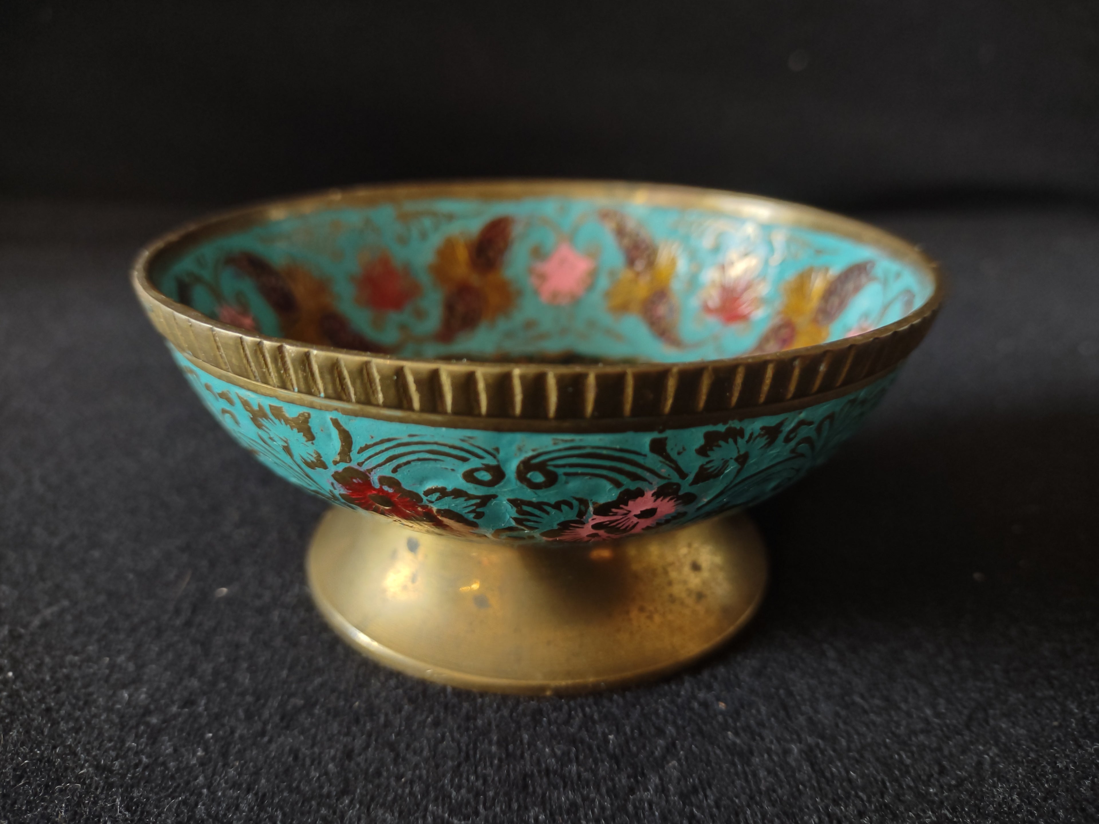 Vintage Metal Enameled Small Footed Bowl Peacock IMPERFECT (lot 5281)
