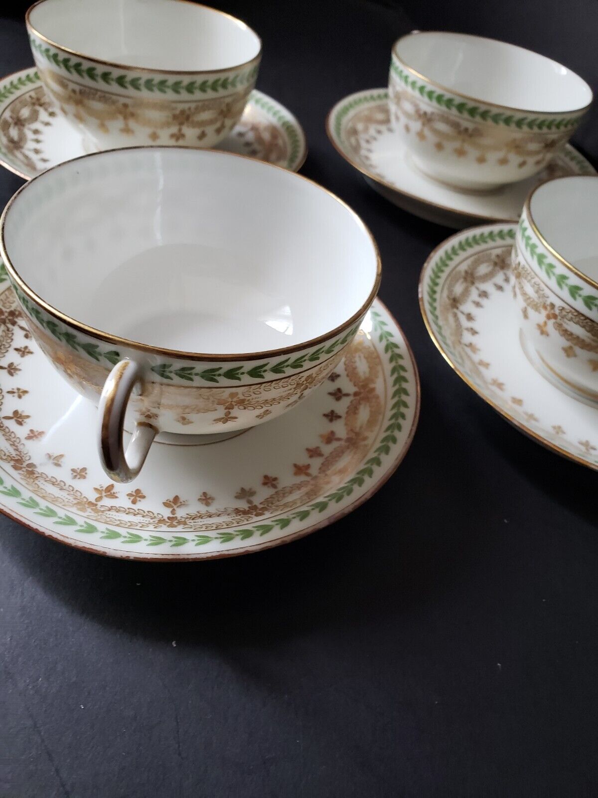 JP Limoges France Gold Trim Green Laurel 4 x Teacup & Saucer (583)