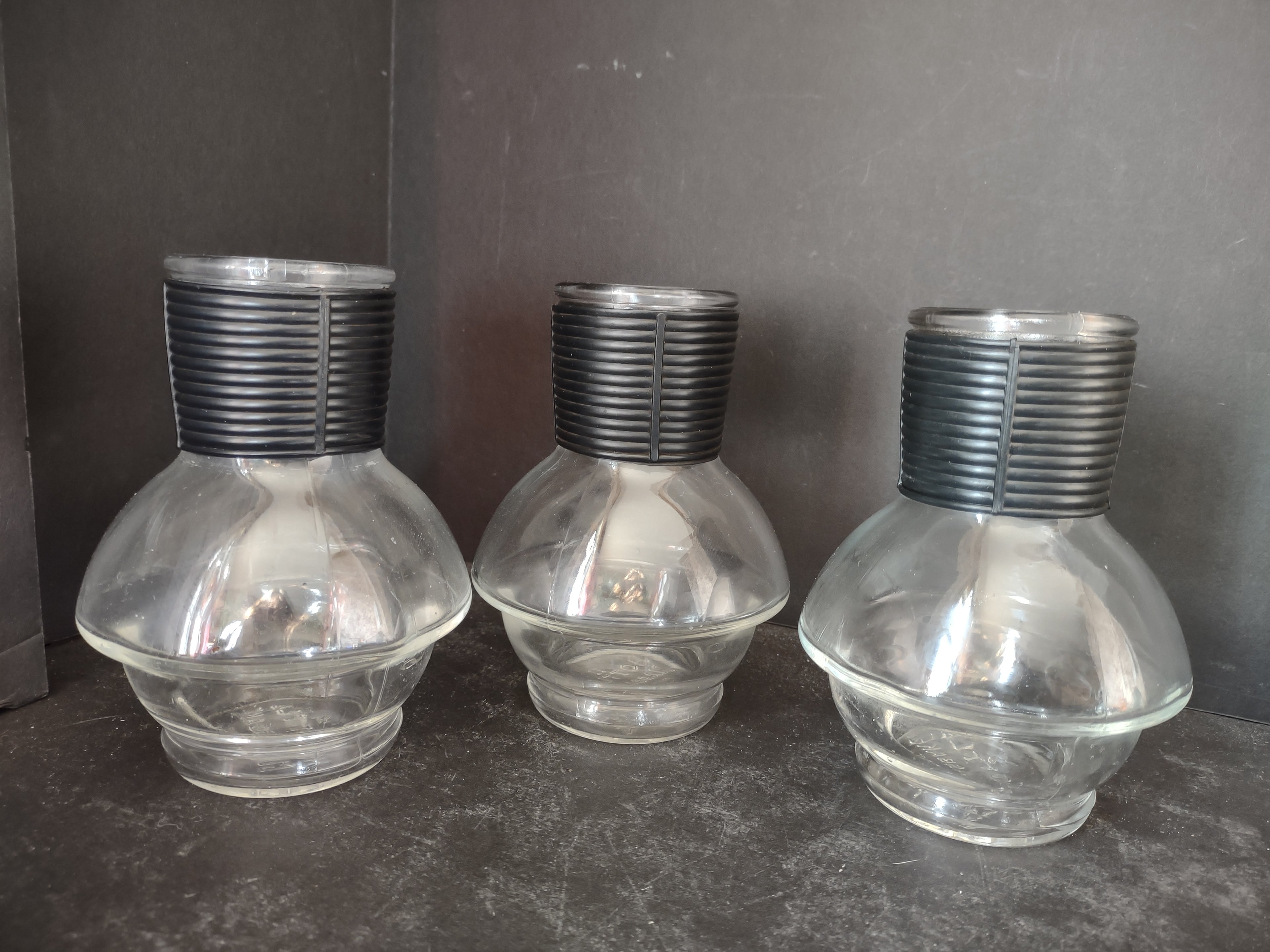 Vintage 9 x Hottle Carafe Clear Glass NO Lid Glasbake Black Neck (lot 5316)