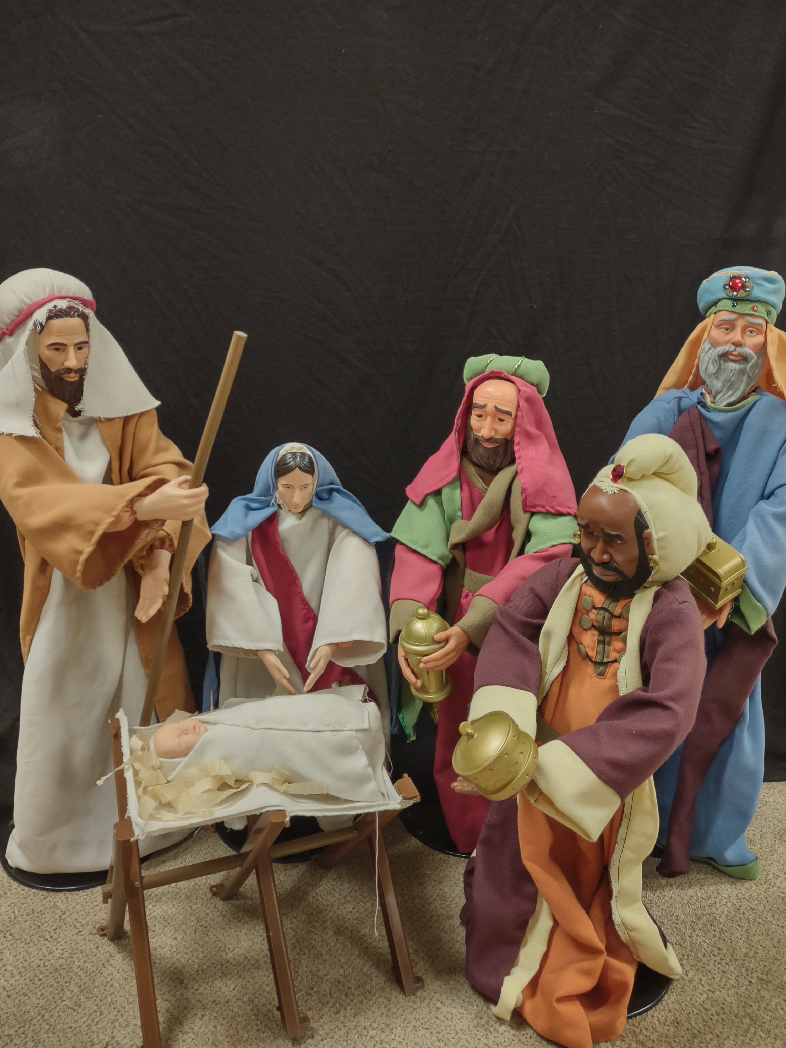 Vintage Christmas Nativity Set Cloth Mary Joseph Wise Men Baby 30" (Lot 1300)