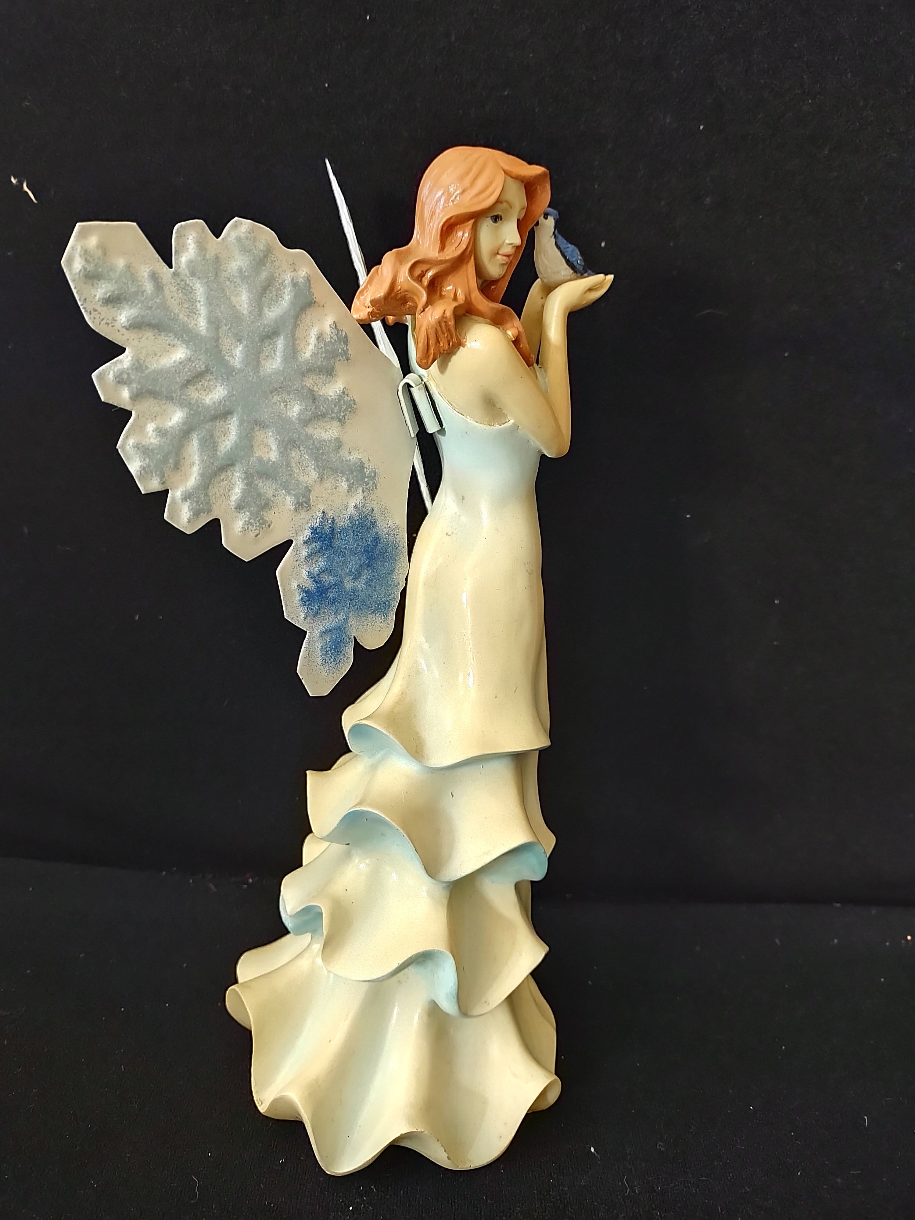 Vintage Angel Figurine Flowing Robe Blue Snowflake Wings Blue Bird (Lot 3889)