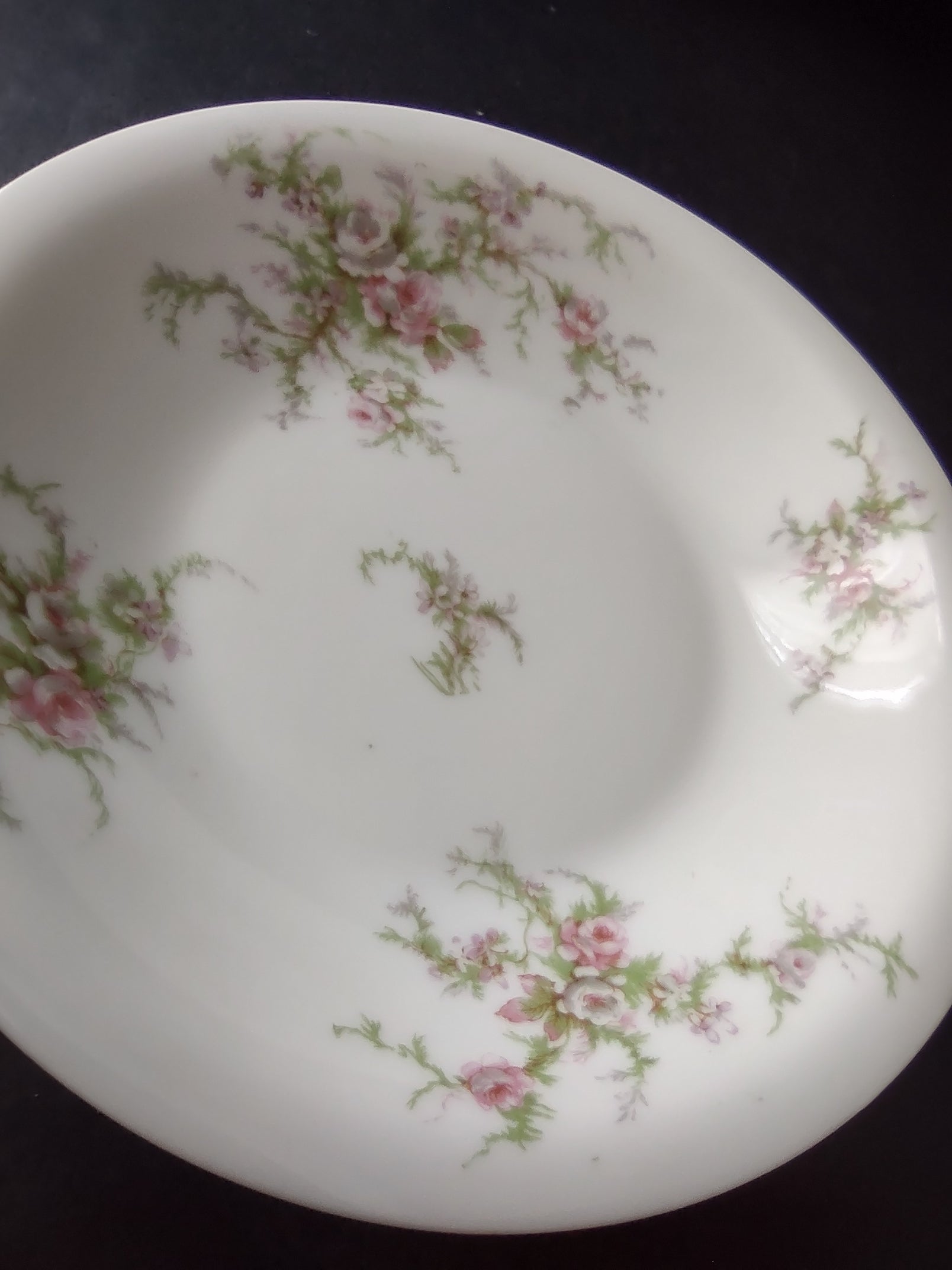 Haviland Limoges Cream SoupBowl Plate Pink White Cabbage Rose Moss (lot 906)