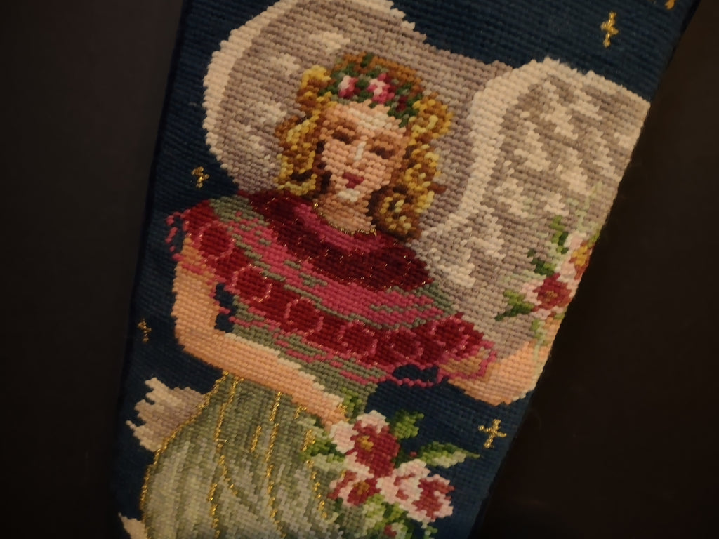 Vintage Wool Needlepoint Peace on Earth Angel Christmas Stocking 16" (lot 3372)