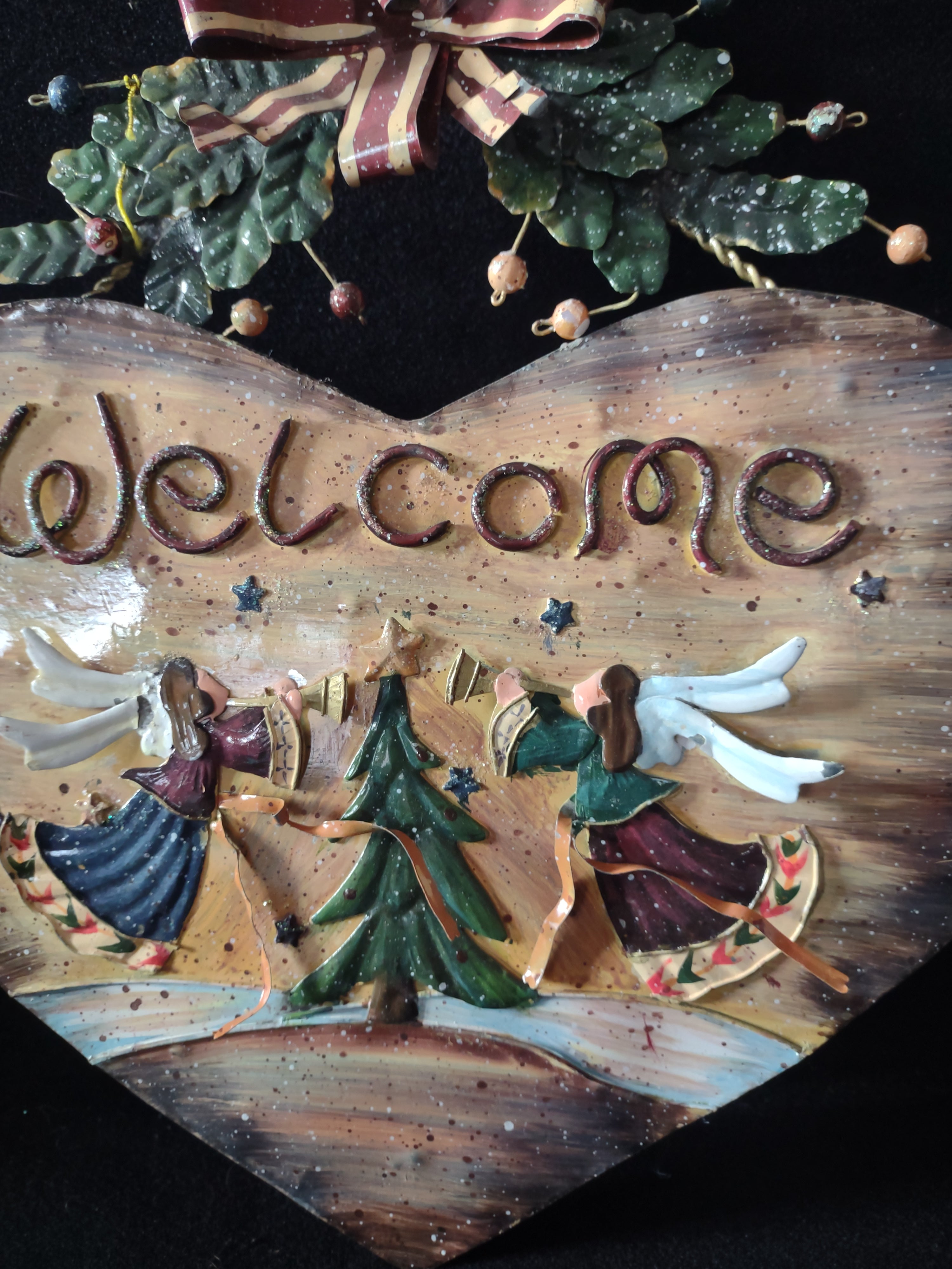 Rustic Christmas Metal Welcome Heart Wall Door Decoration Angel Trumpet (Lot4519