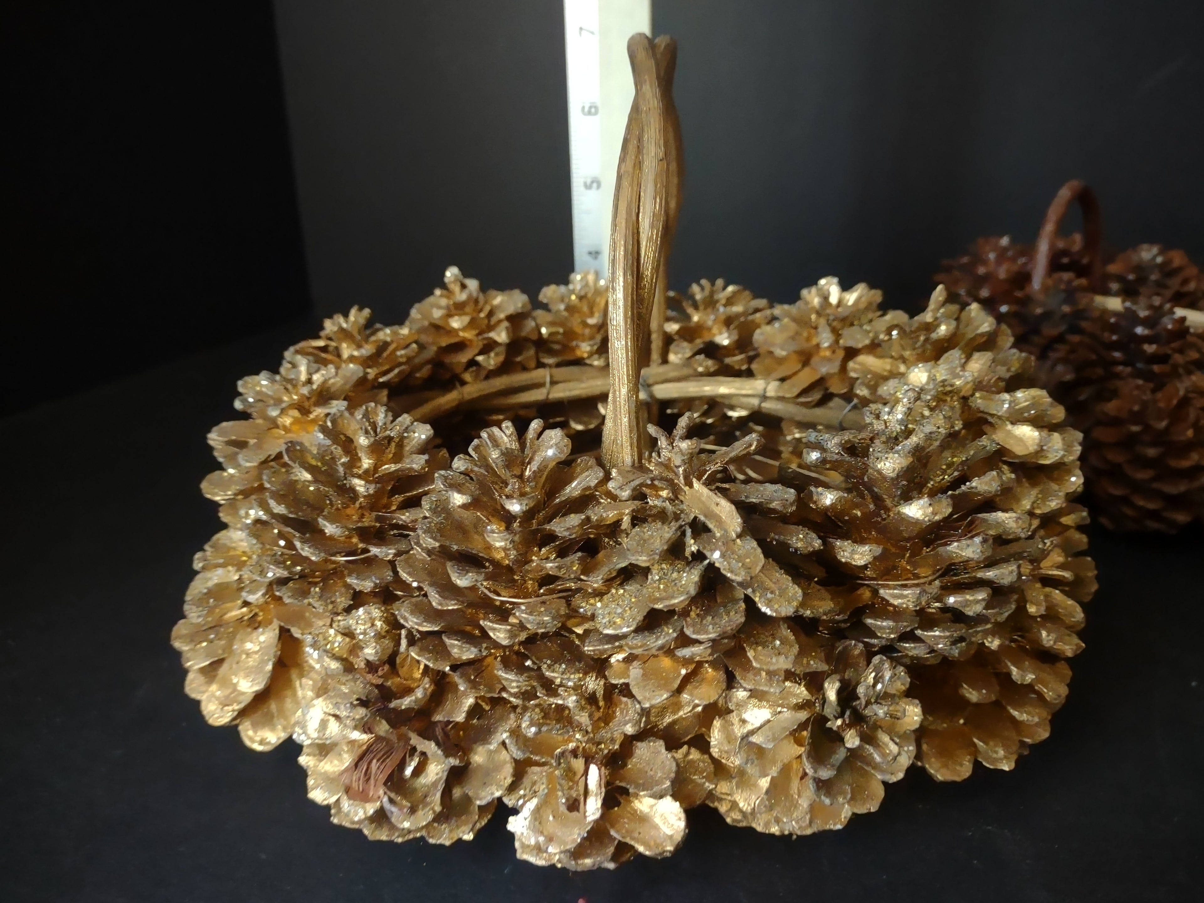 Vintage Christmas Golden Primitive Rustic Pinecone Basket x 2 (lot 1183)