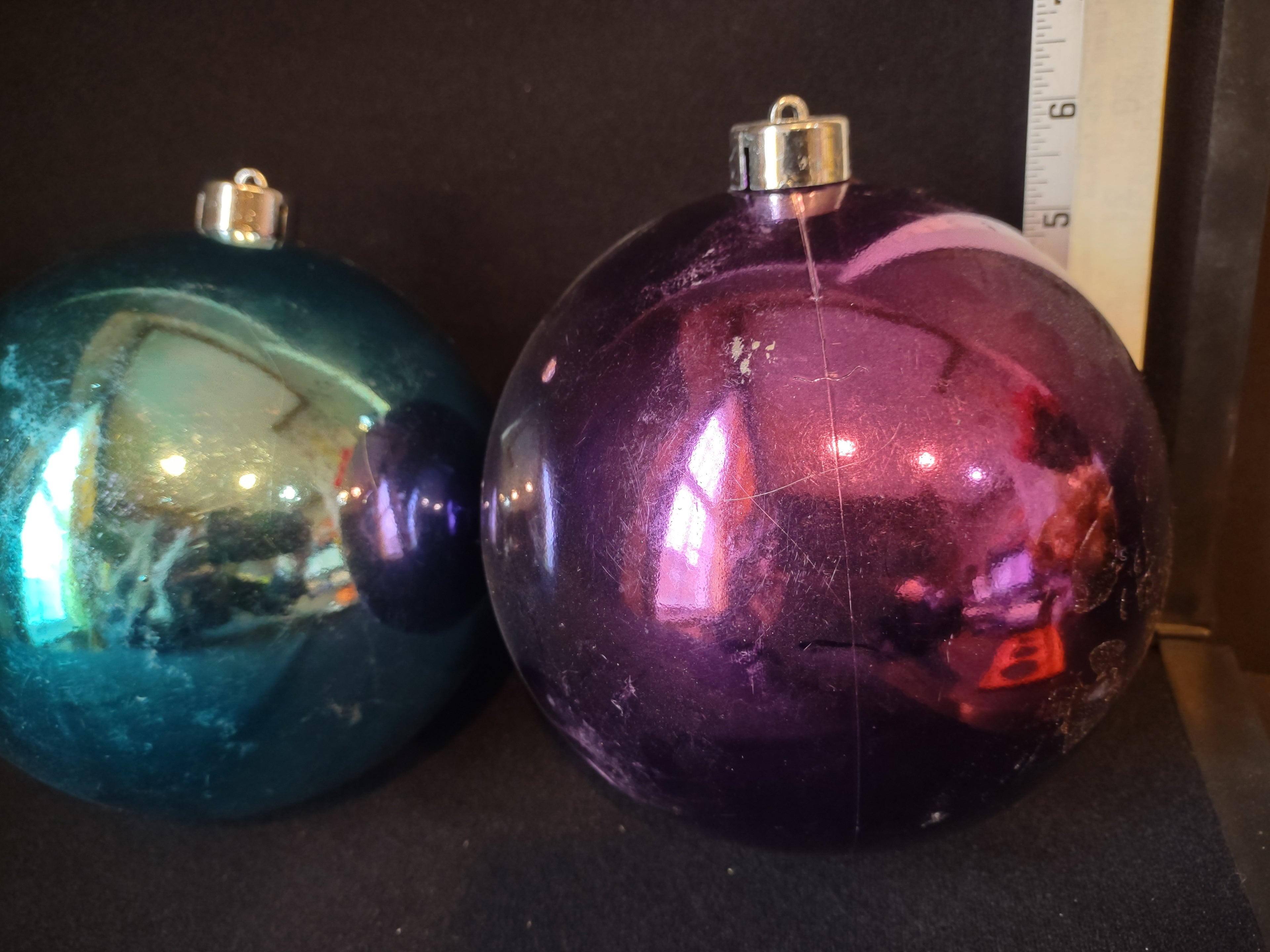 Set of 4 Christmas Ornaments Ball Blue Purple 6" IMPERFECT (lot 1572)