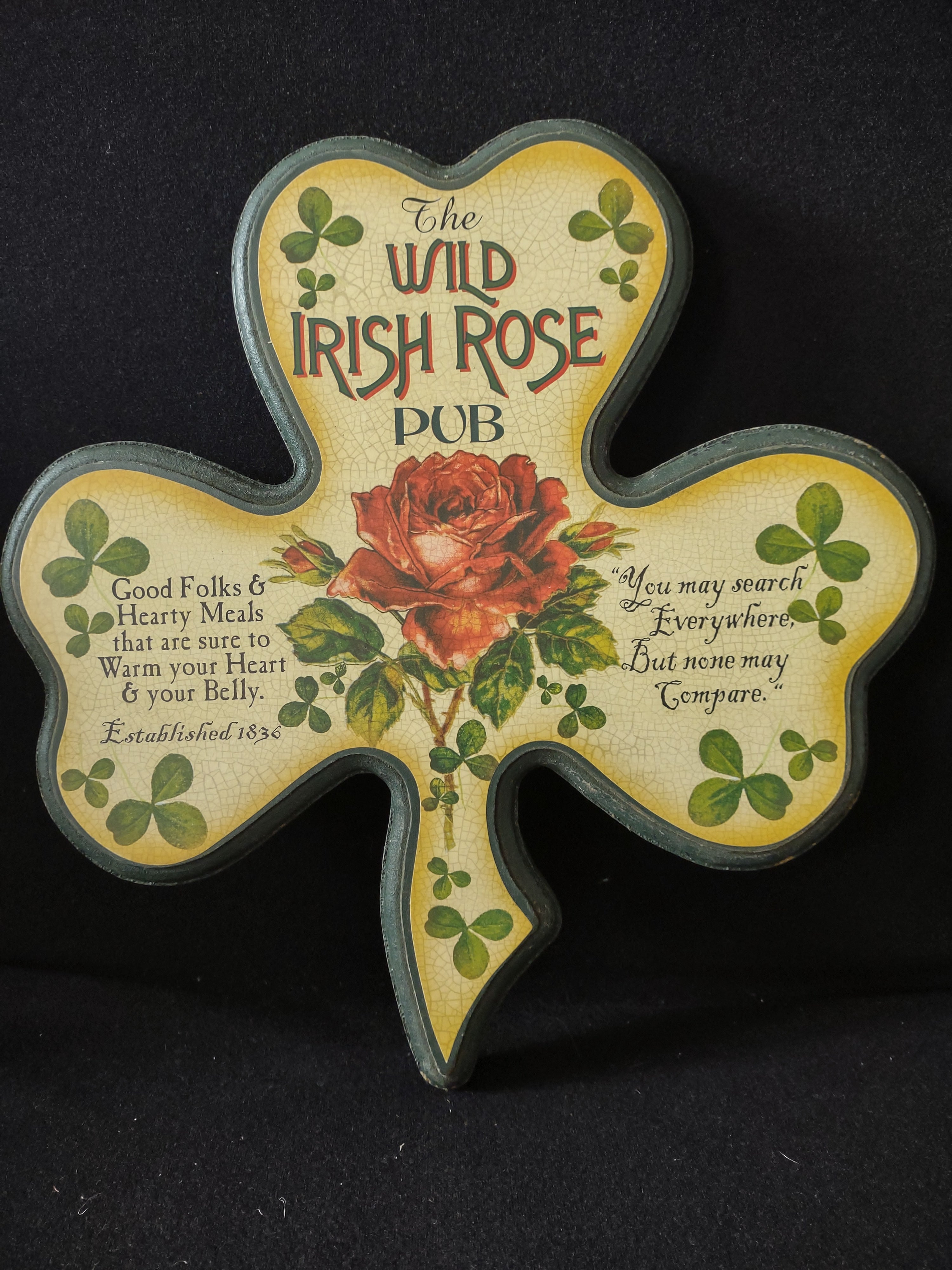 Vintage Wooden Wall Hanging Wild Irish Rose Pub Shamrock Shaped (Lot 5197t)