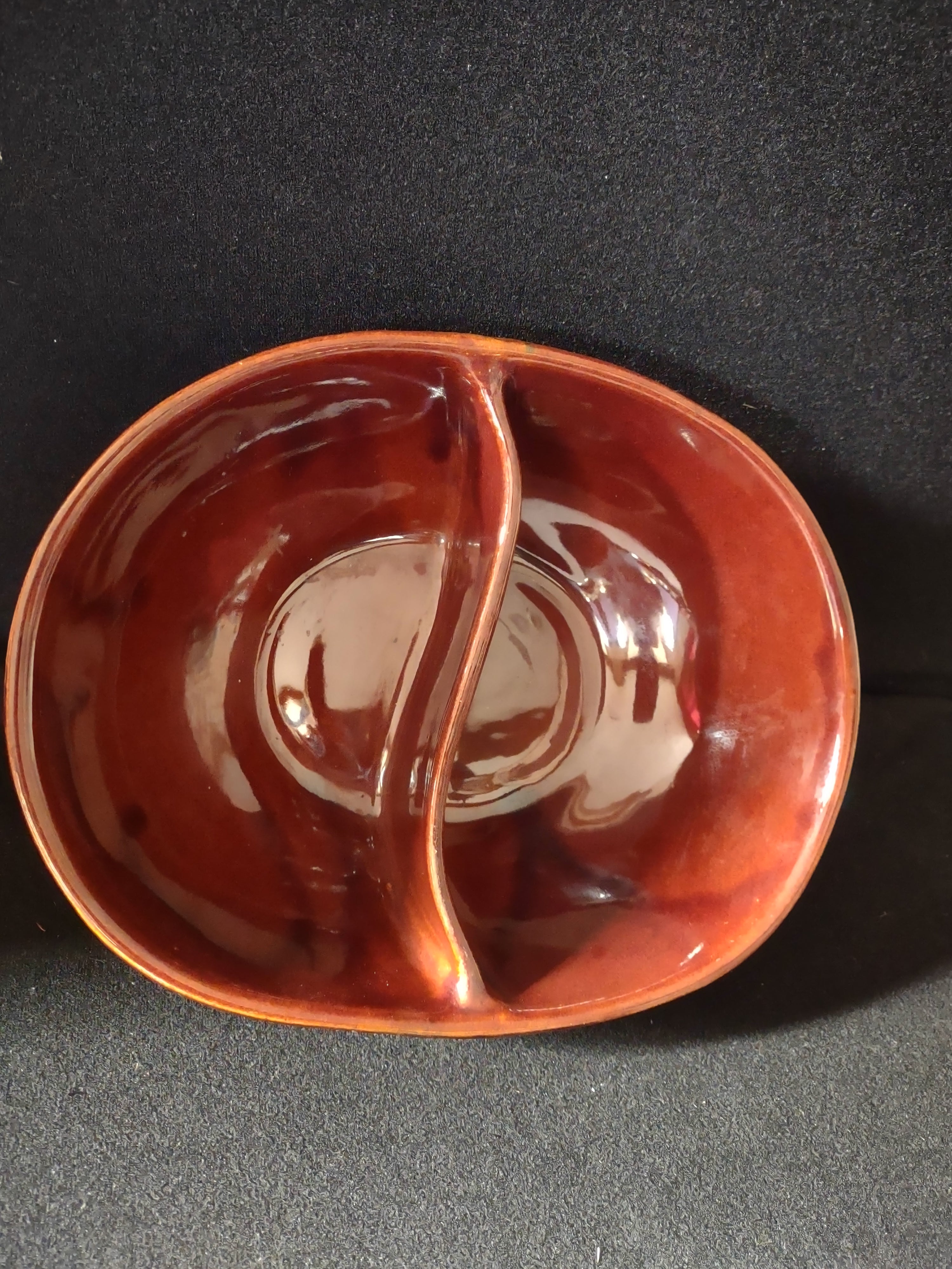 Vintage Marcrest Brown Glazed Stoneware Divided Serving Bowl Daisy Dot (Lot 5140