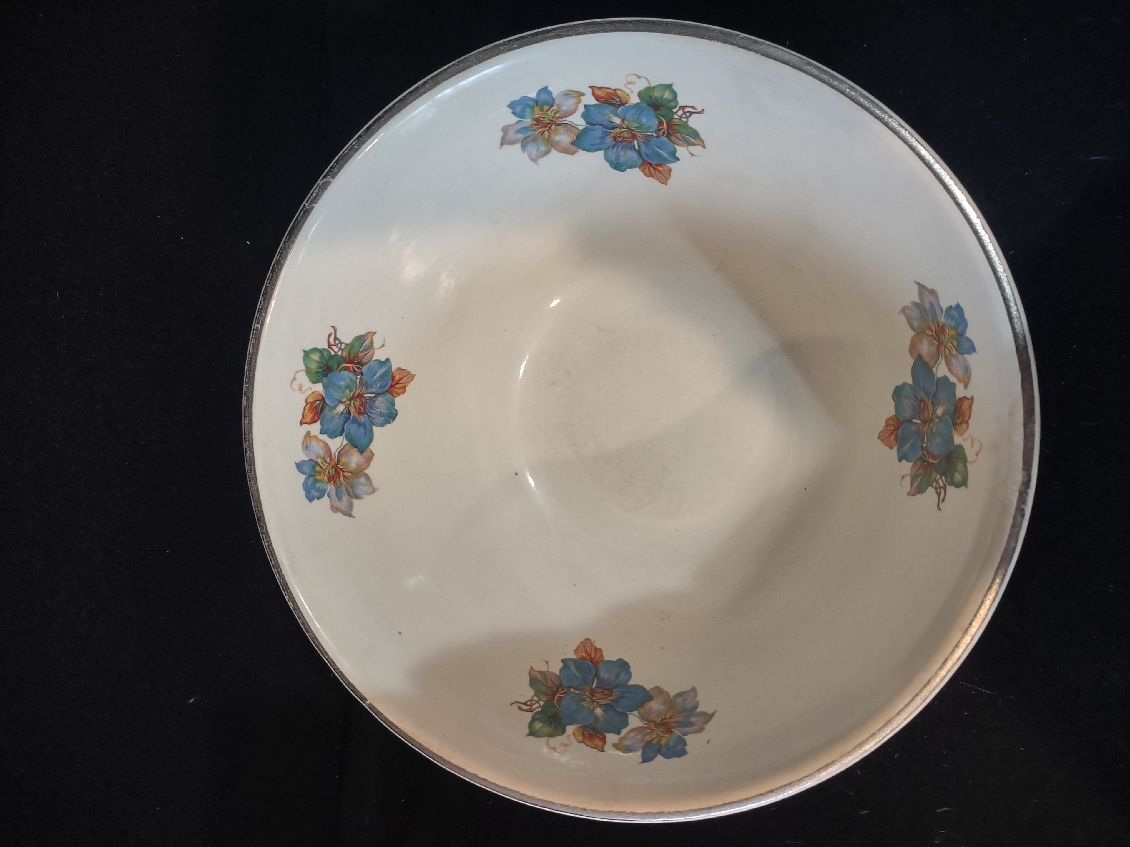 Vintage 11" Serving Mixing Bowl Blue Flower Gilded Trim Tapered (Lot 5222)