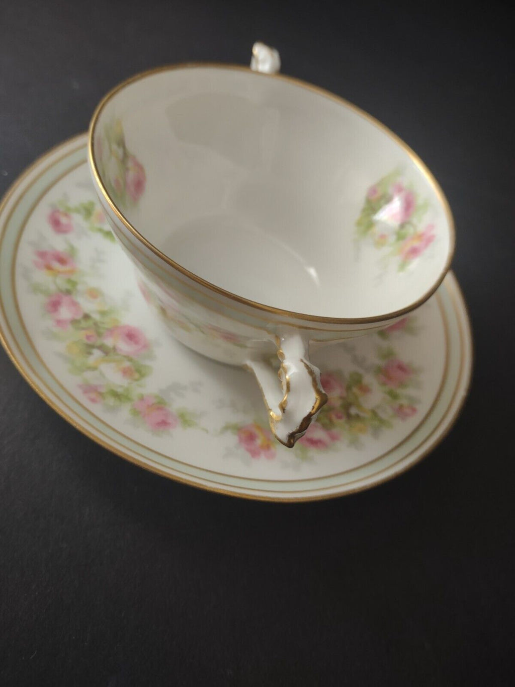 Old Abbey Limoges France 2 x Bouillion Cup Mint band Gold Trim Rose (lot 547)