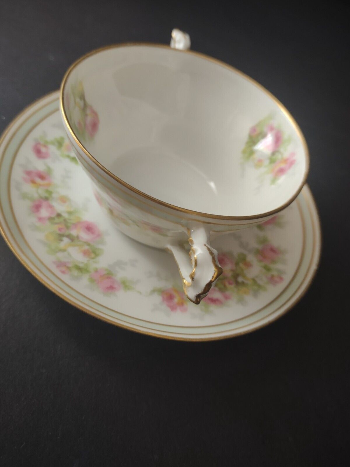 Old Abbey Limoges France 2 x Bouillion Cup Mint band Gold Trim Rose (lot 547)