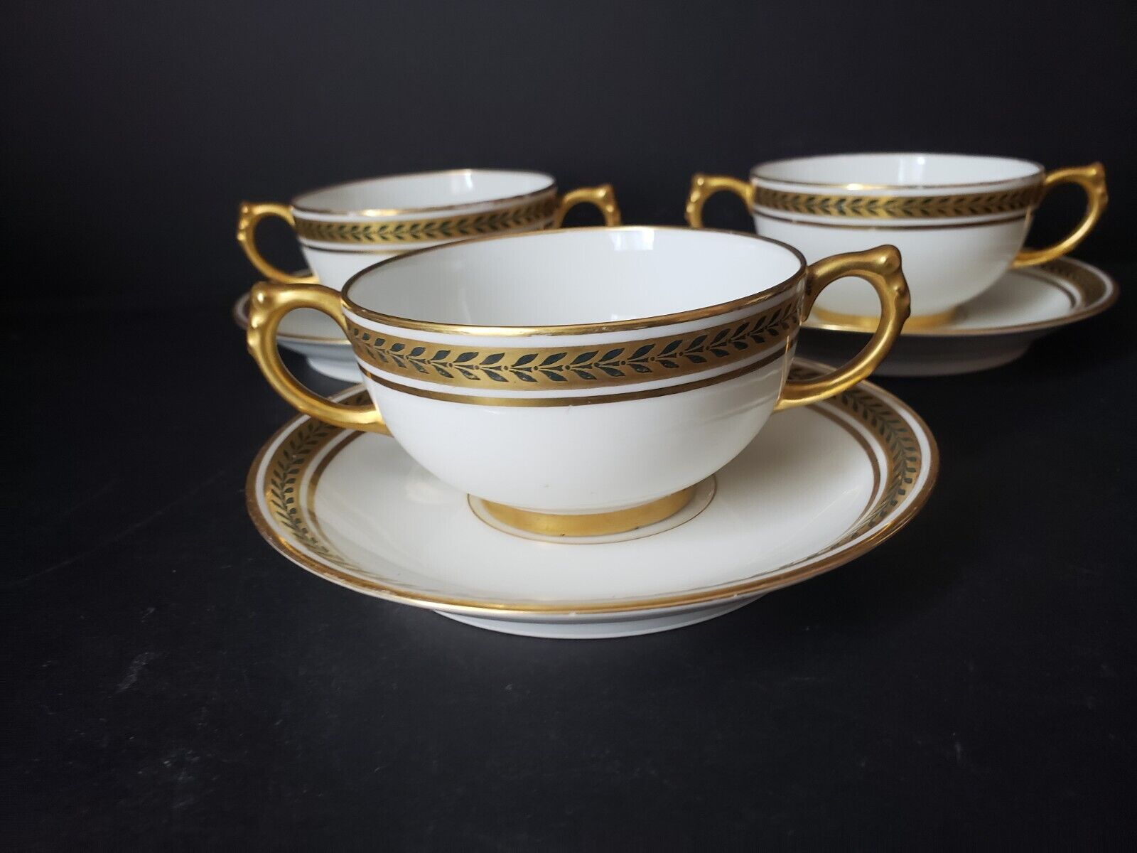JP Limoges France Gold Trim Green Laurel 3 x Bouillion Cup & Saucer (lot 597)