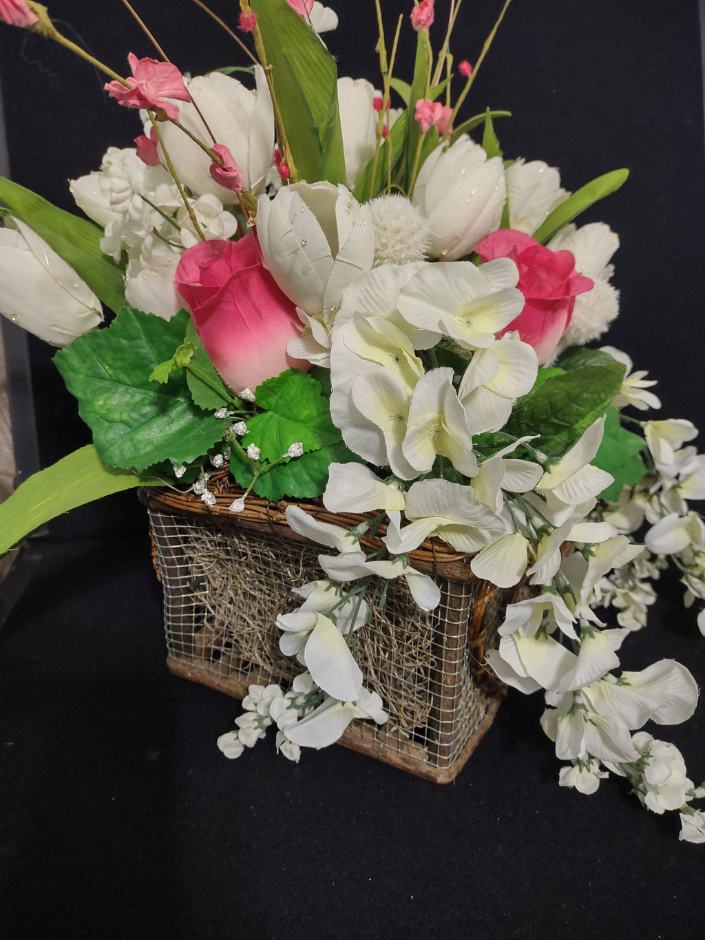 Basket Artificial Flowers Pink White Rose Centerpiece Mothers Day (lot 2661)