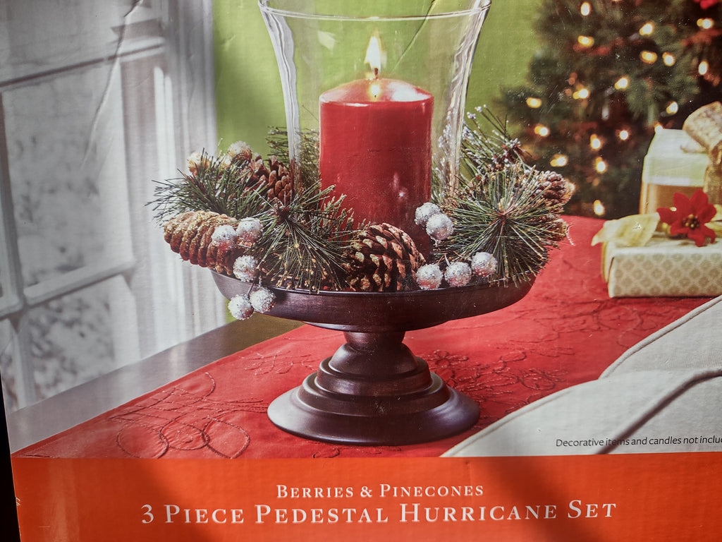 Berries & Pinecones 3 Piece Pedestal Hurricane Christmas Centerpiece (lot 2281)
