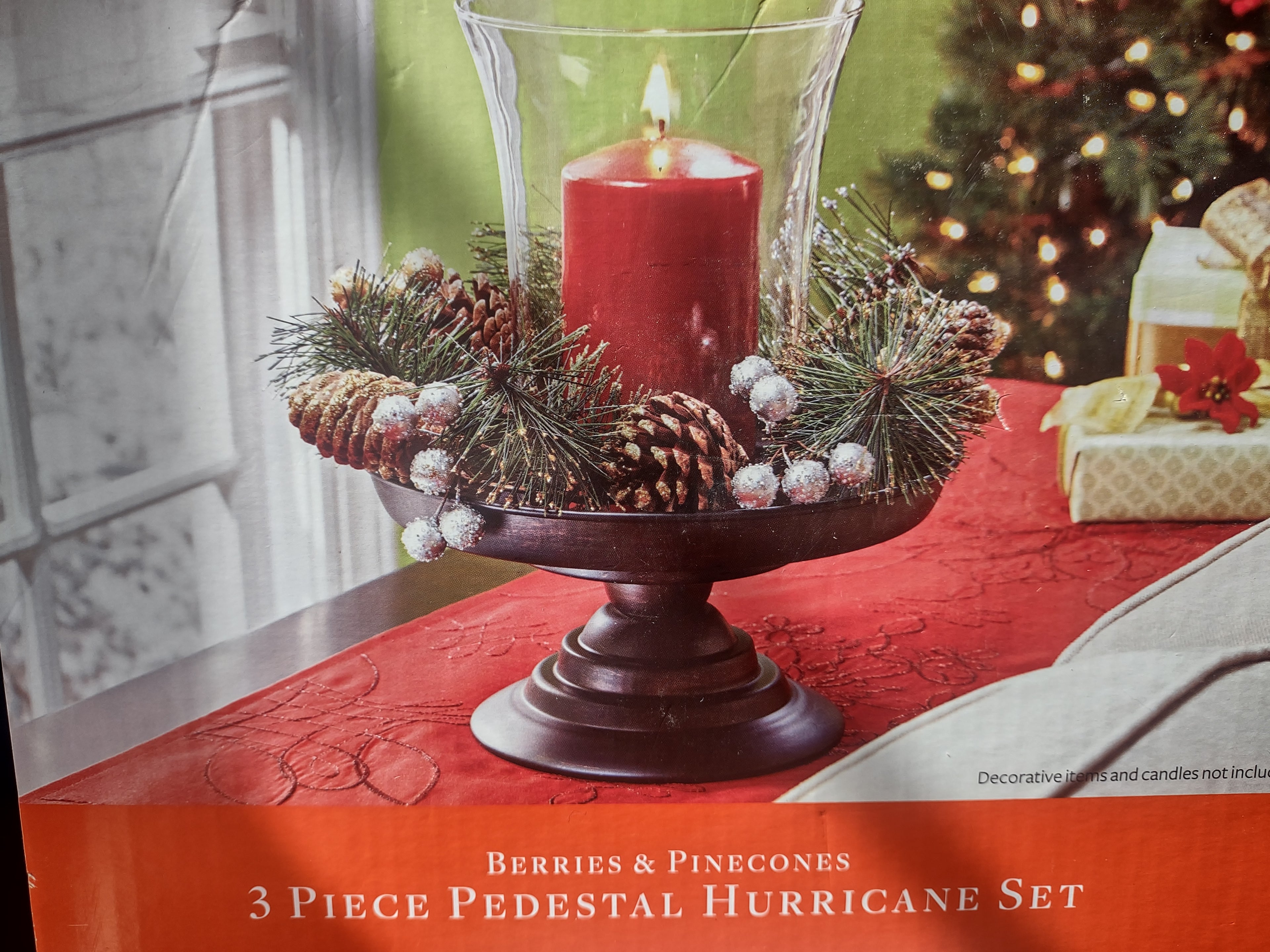 Berries & Pinecones 3 Piece Pedestal Hurricane Christmas Centerpiece (lot 2281)