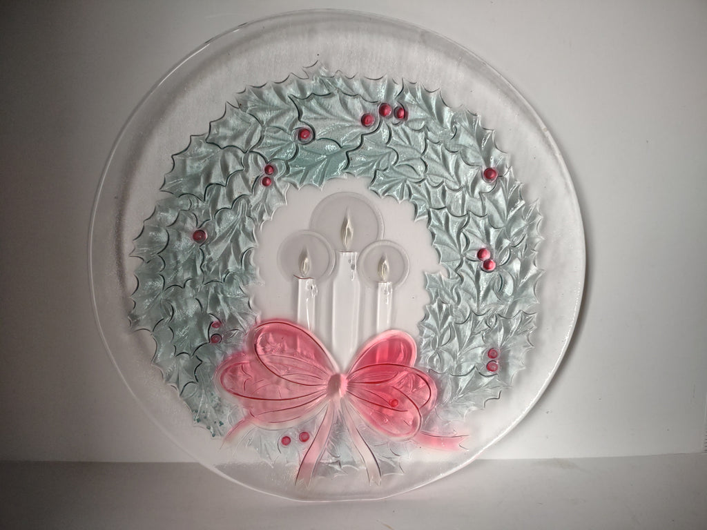 Christmas Wreath Candle Glass Plate Platter LE Smith 13" (lot 2786c)