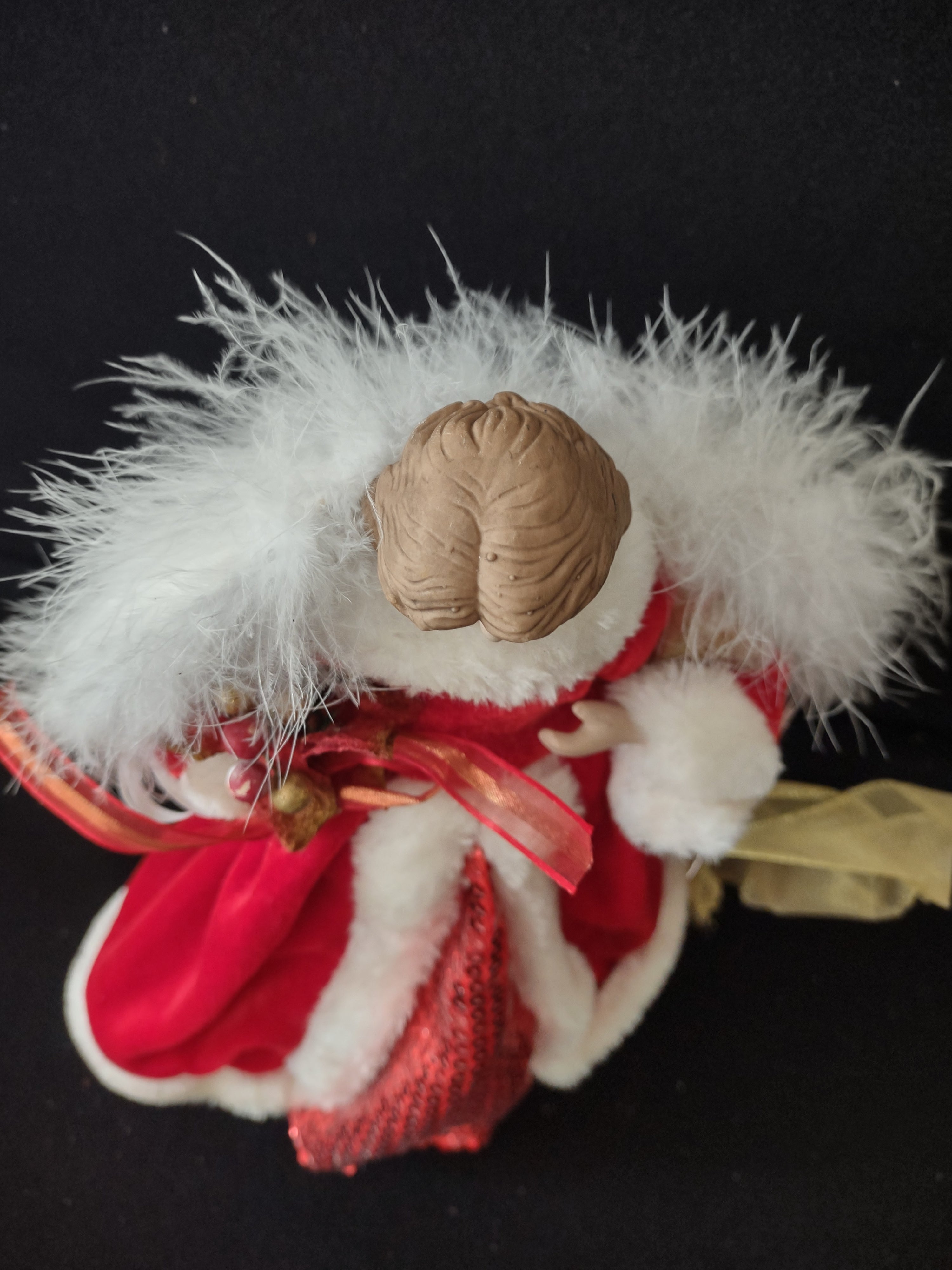 Vintage Christmas Angel Porcelain Head Red Gown Feather Wings (Lot 3731)