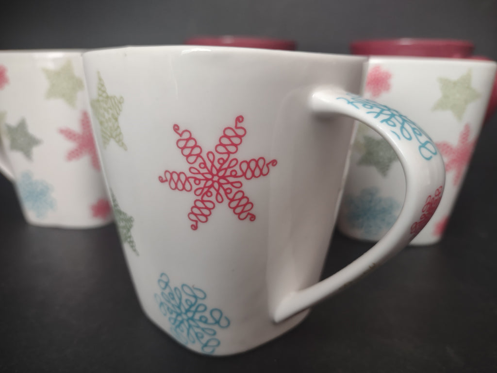 Christmas Snowflake Star Mugs 3 x Starbucks 2 Red Maroon Coffee Cup (lot 1216)