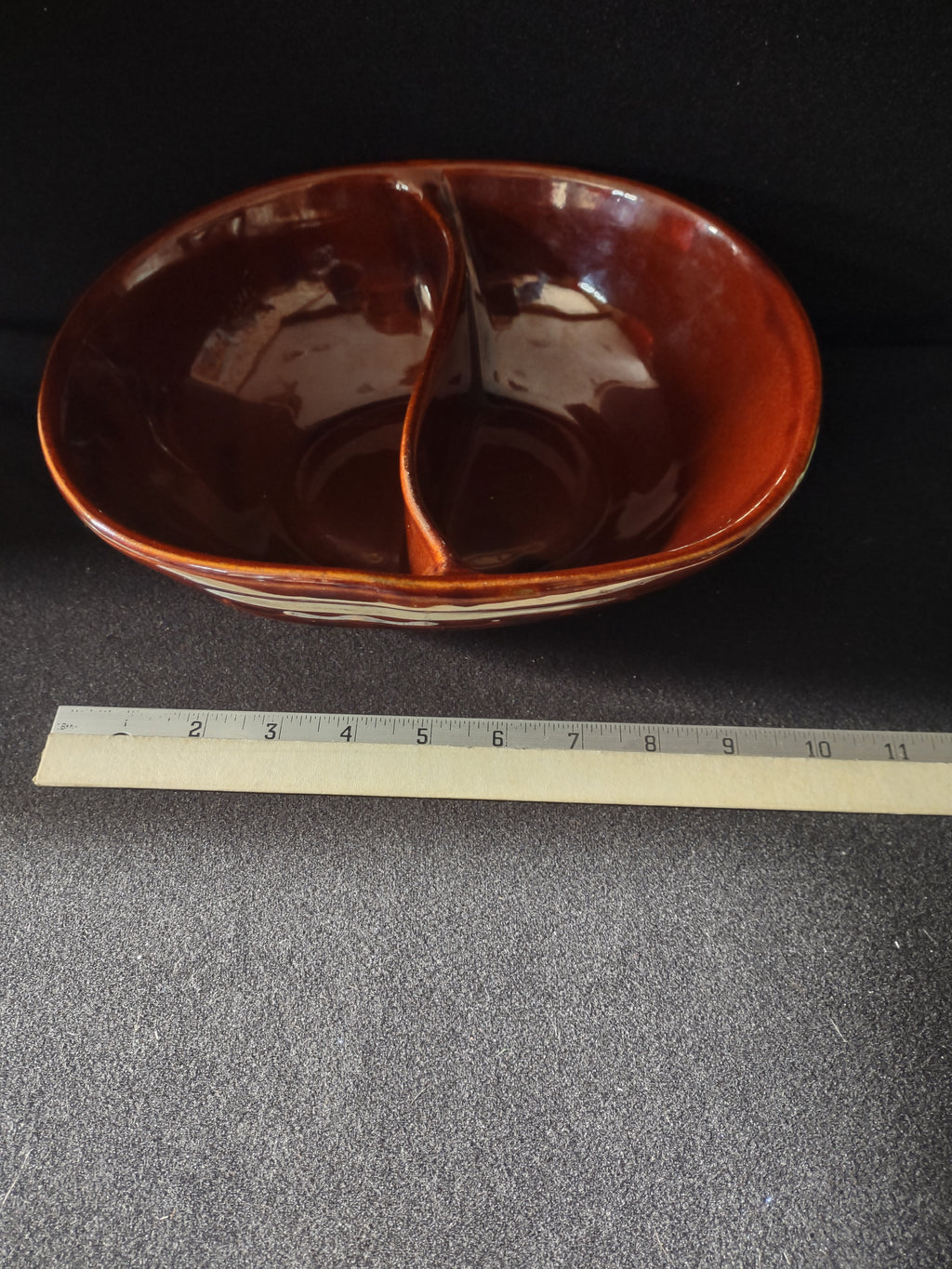 Vintage Marcrest Brown Glazed Stoneware Divided Serving Bowl Daisy Dot (Lot 5140