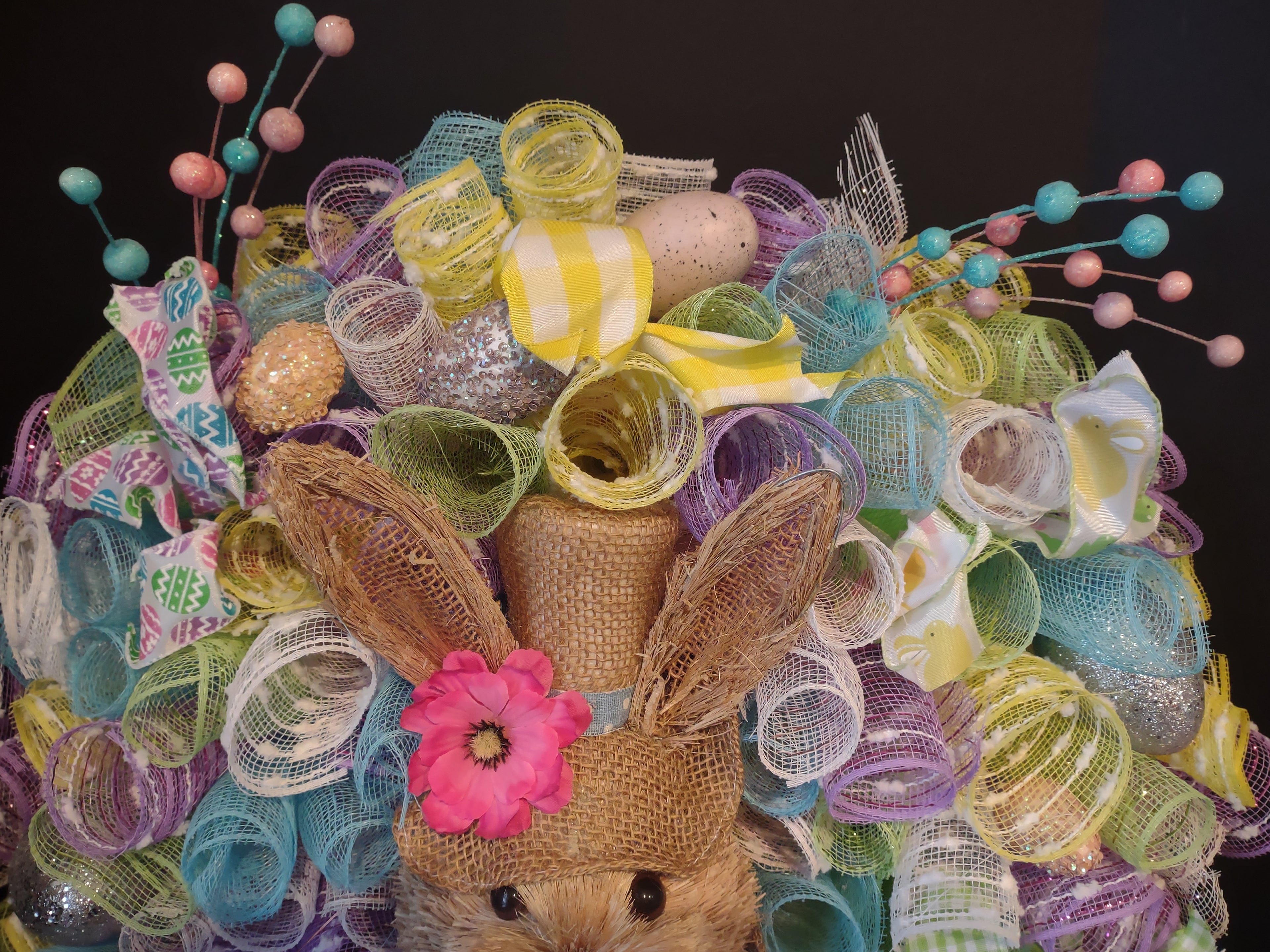 Easter Bunny Spring Mesh Ribbon Wreath Handmade 22" (lot 1400)