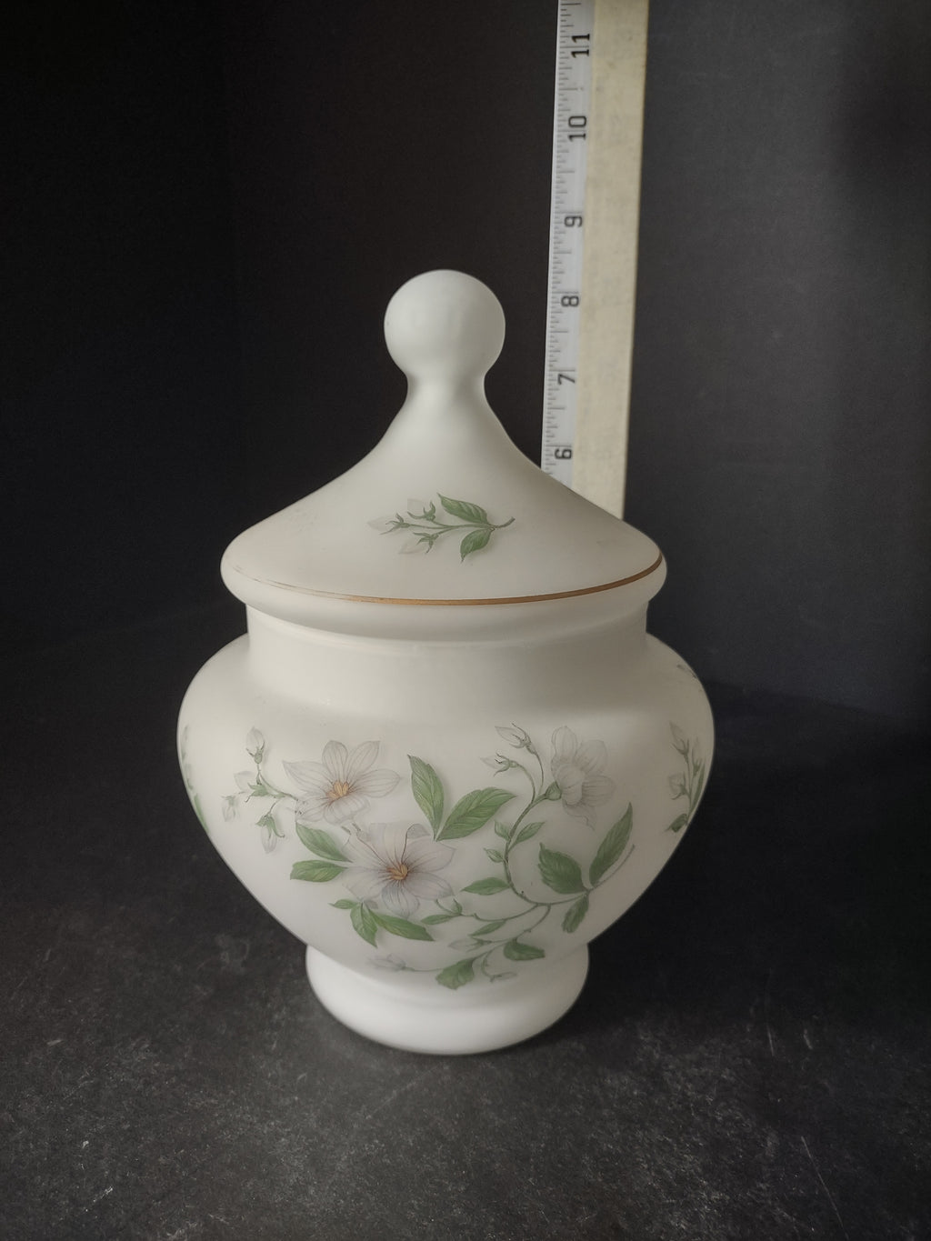 Vintage Frosted White Glass Apothecary Jar Canister Flowers 8" (lot 2936c)