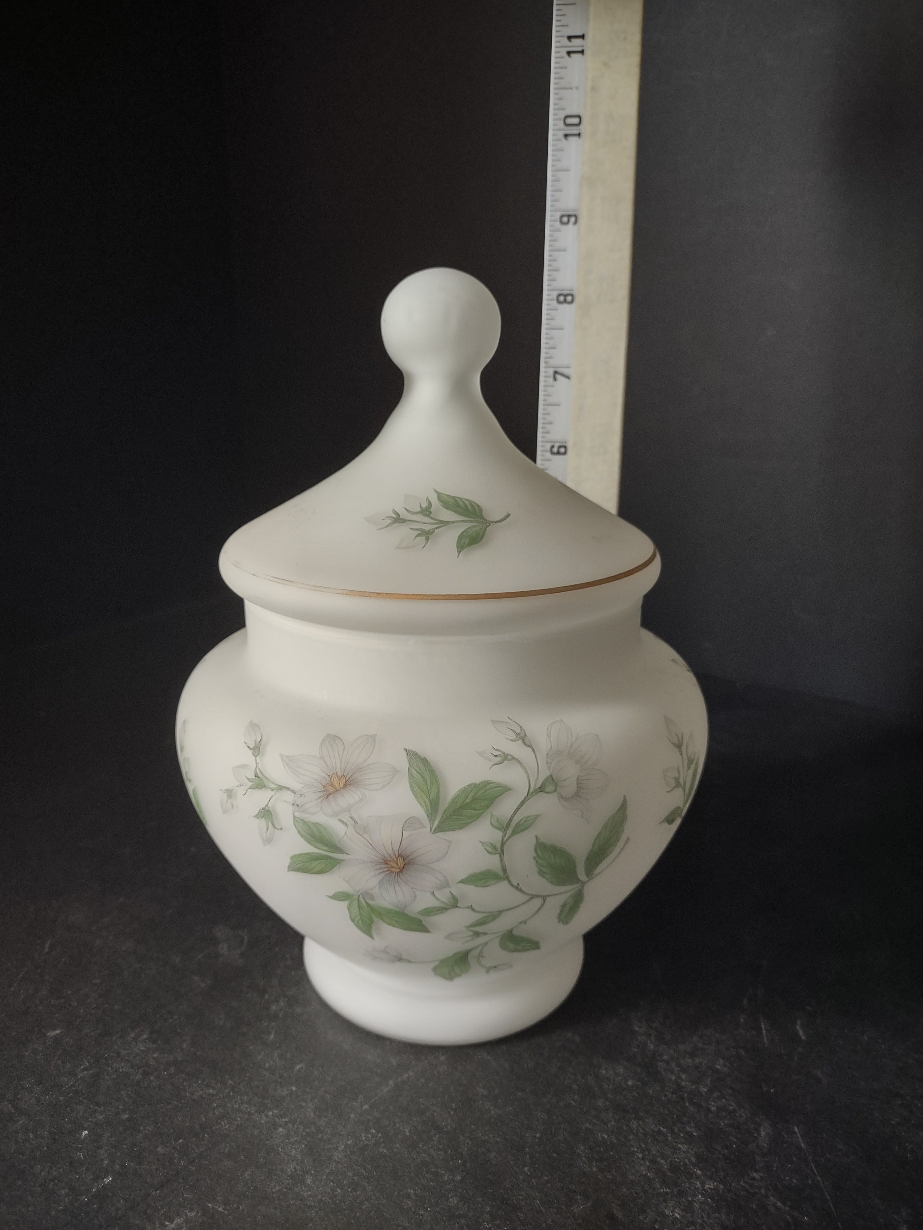 Vintage Frosted White Glass Apothecary Jar Canister Flowers 8" (lot 2936c)