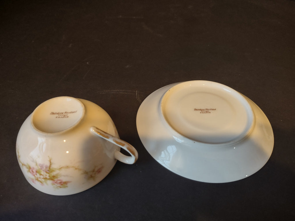 Haviland Limoges Tea Cup & Saucer Rose White Purple Flower Moss (lot 901)