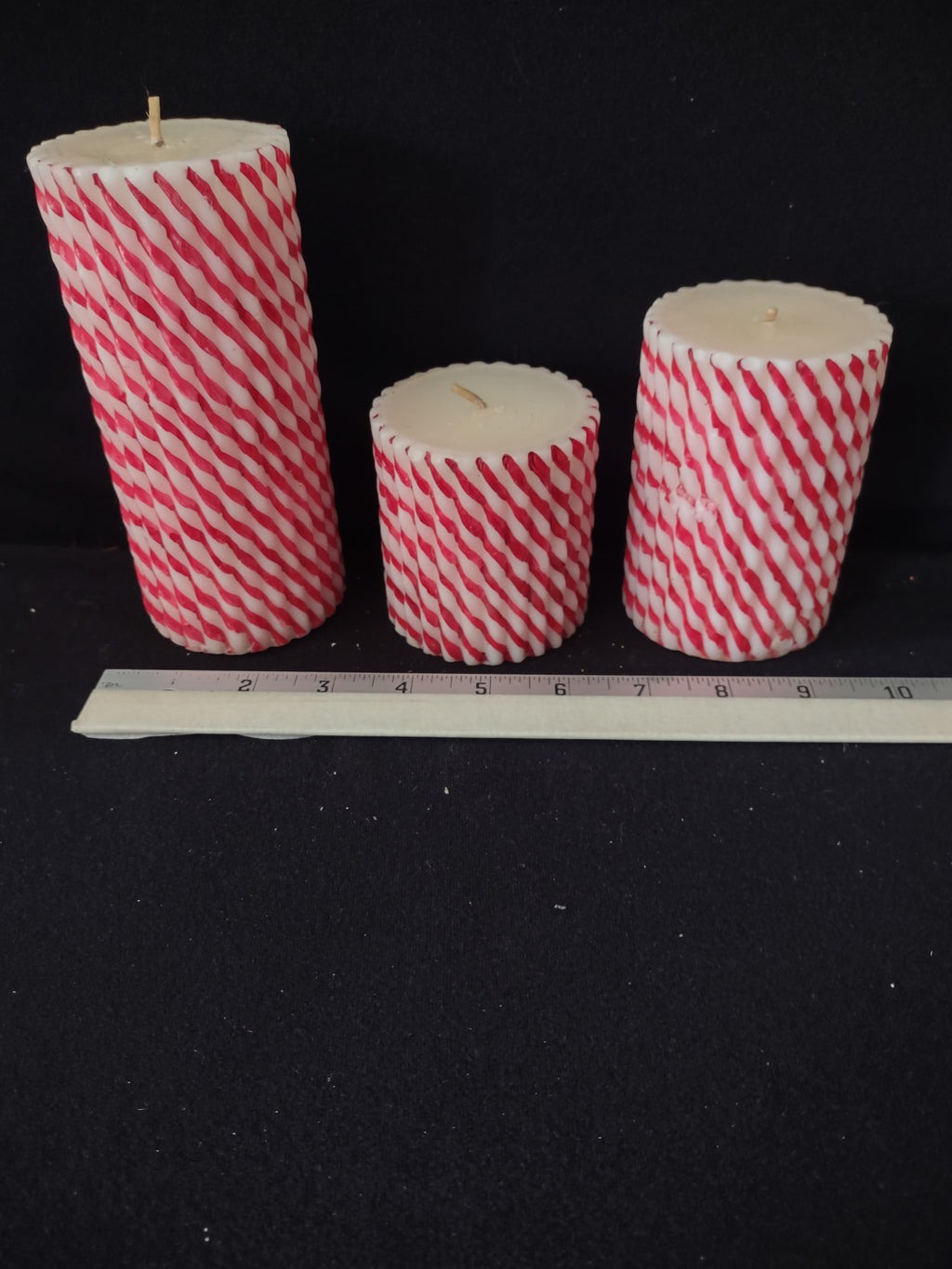 Christmas Holiday 3 Red White Striped Pillar Candles 6" 4" 3" (Lot 3925)