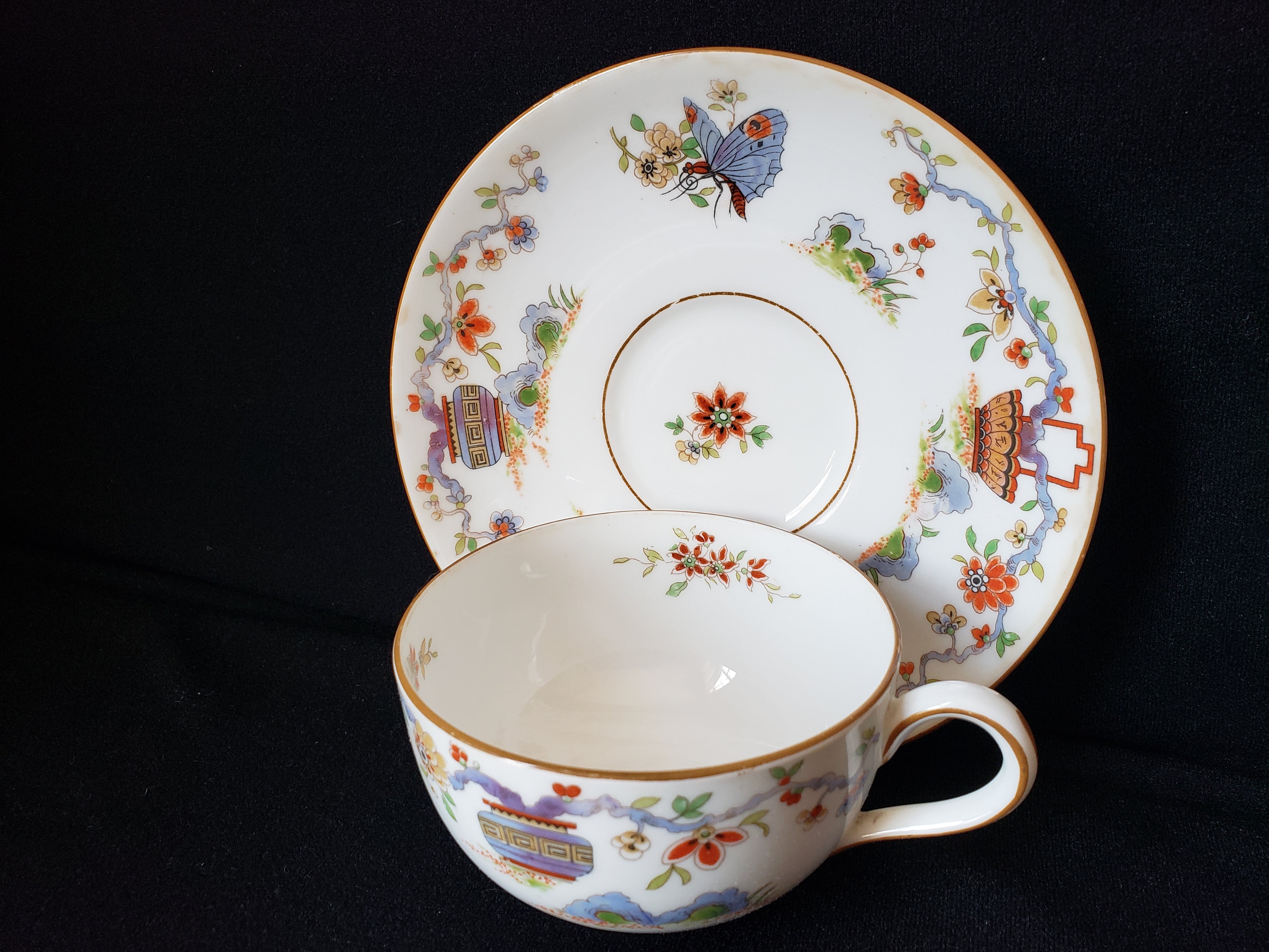 Vintage Royal Worcester Black Higgins Seiter Butterfly Tea Cup Saucer (lot 2120)