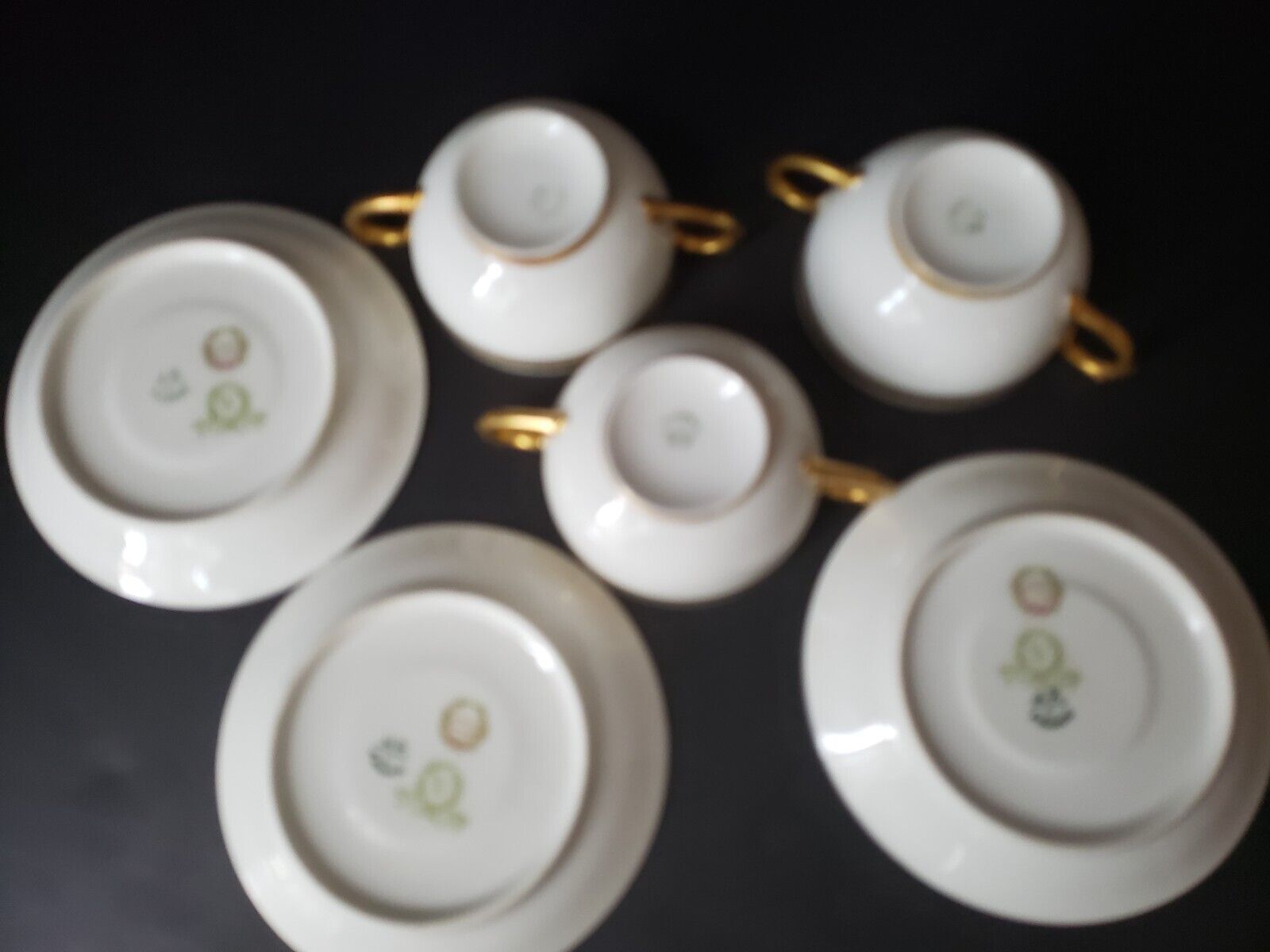 JP Limoges France Gold Trim Green Laurel 3 x Bouillion Cup & Saucer (lot 597)