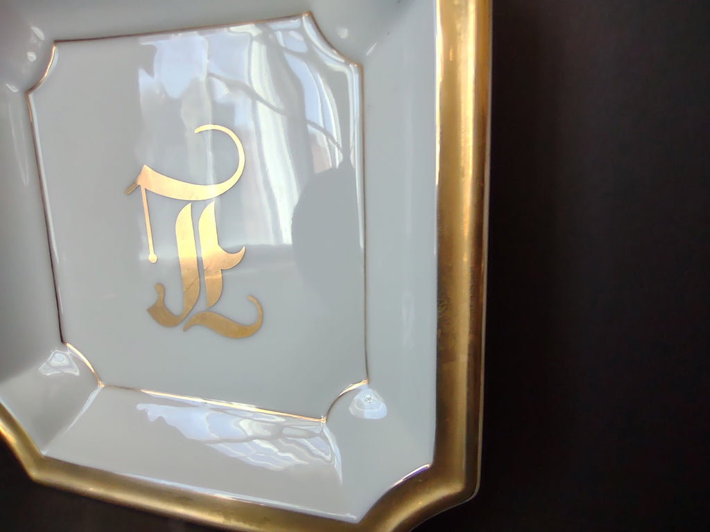 White Gold Trim Vintage Ashtray 8-1/4" x 8-1/4" Monogrammed L (lot 330)