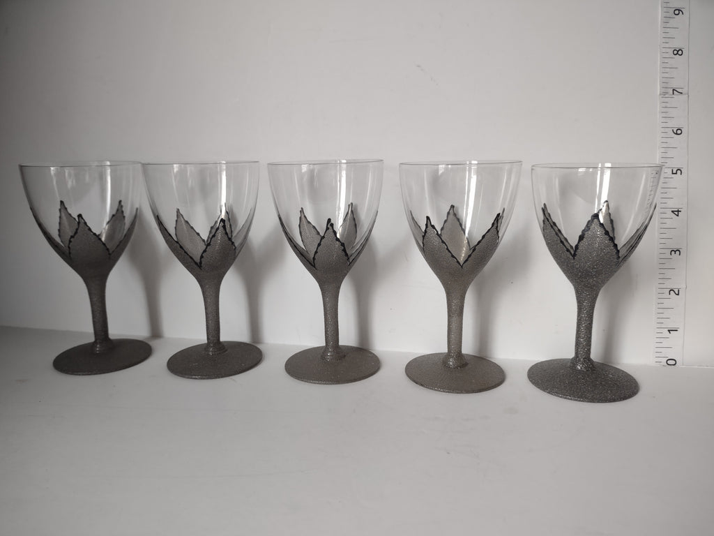 Set of 5 SMALL Vine Glass Black Grey Flower Vintage MCM (lot 2748)