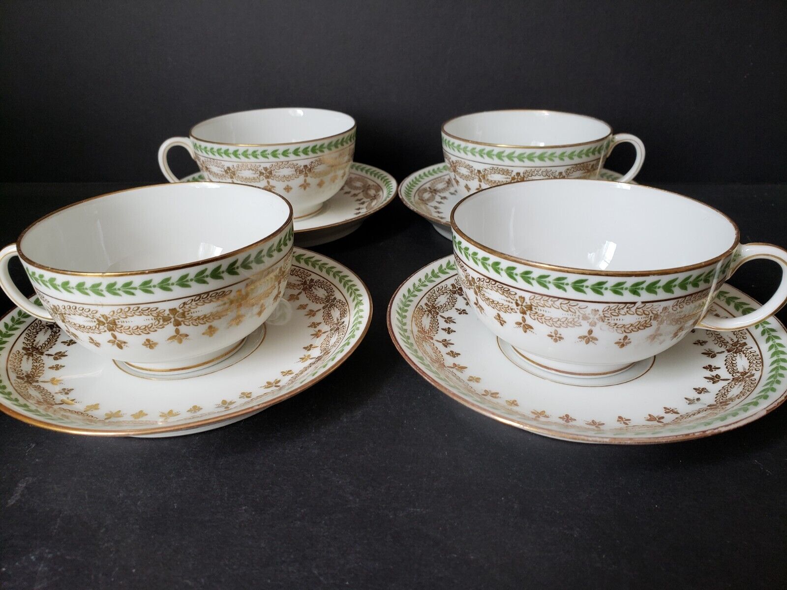 JP Limoges France Gold Trim Green Laurel 4 x Teacup & Saucer (583)