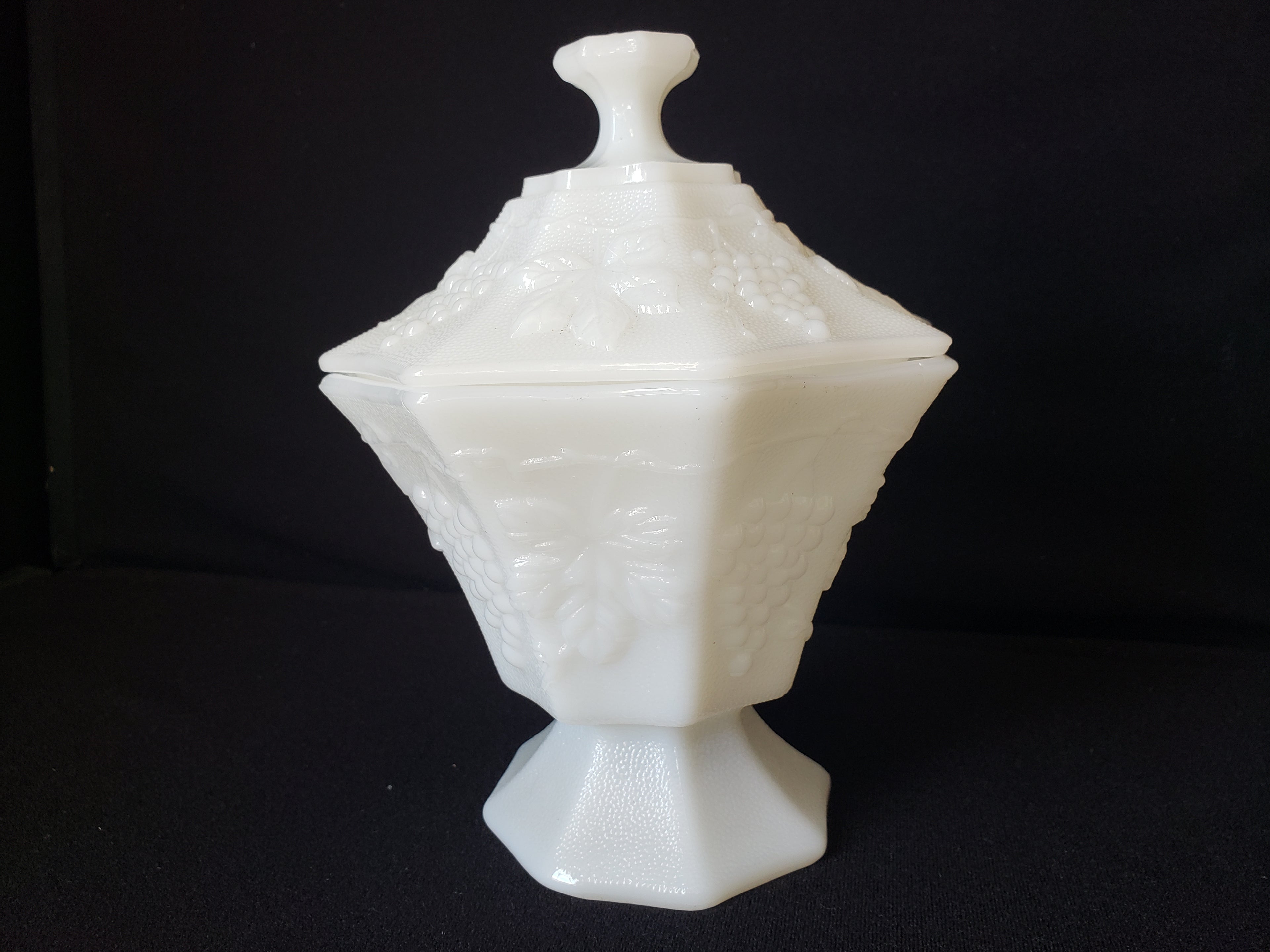 Vintage Milk Glass Candy Container Grape Design with Lid (lot 2219)