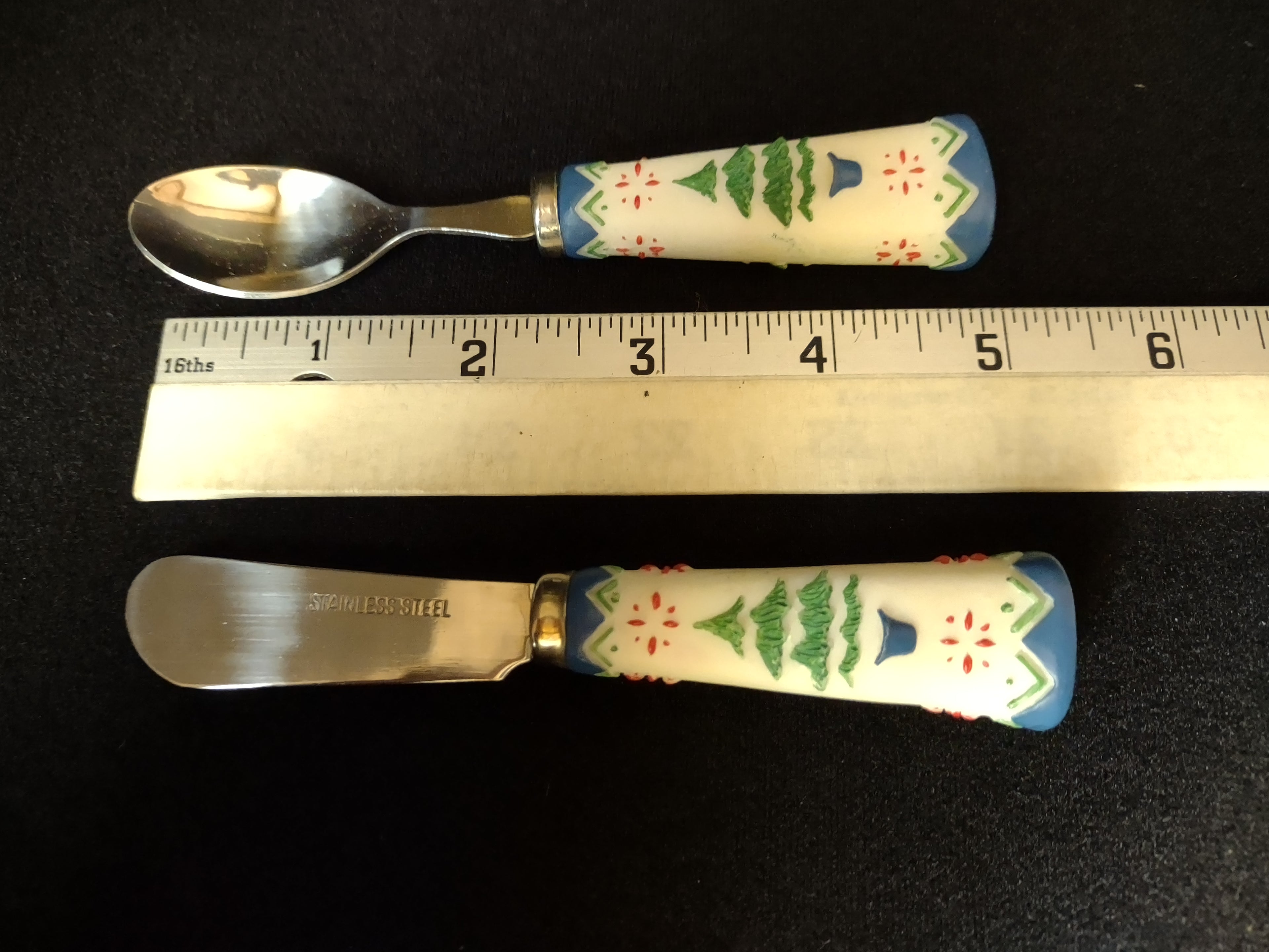Christmas Tree Pfaltzgraff Spreader Knife Cocktail Fork Dip Spoon Set (lot 1594)