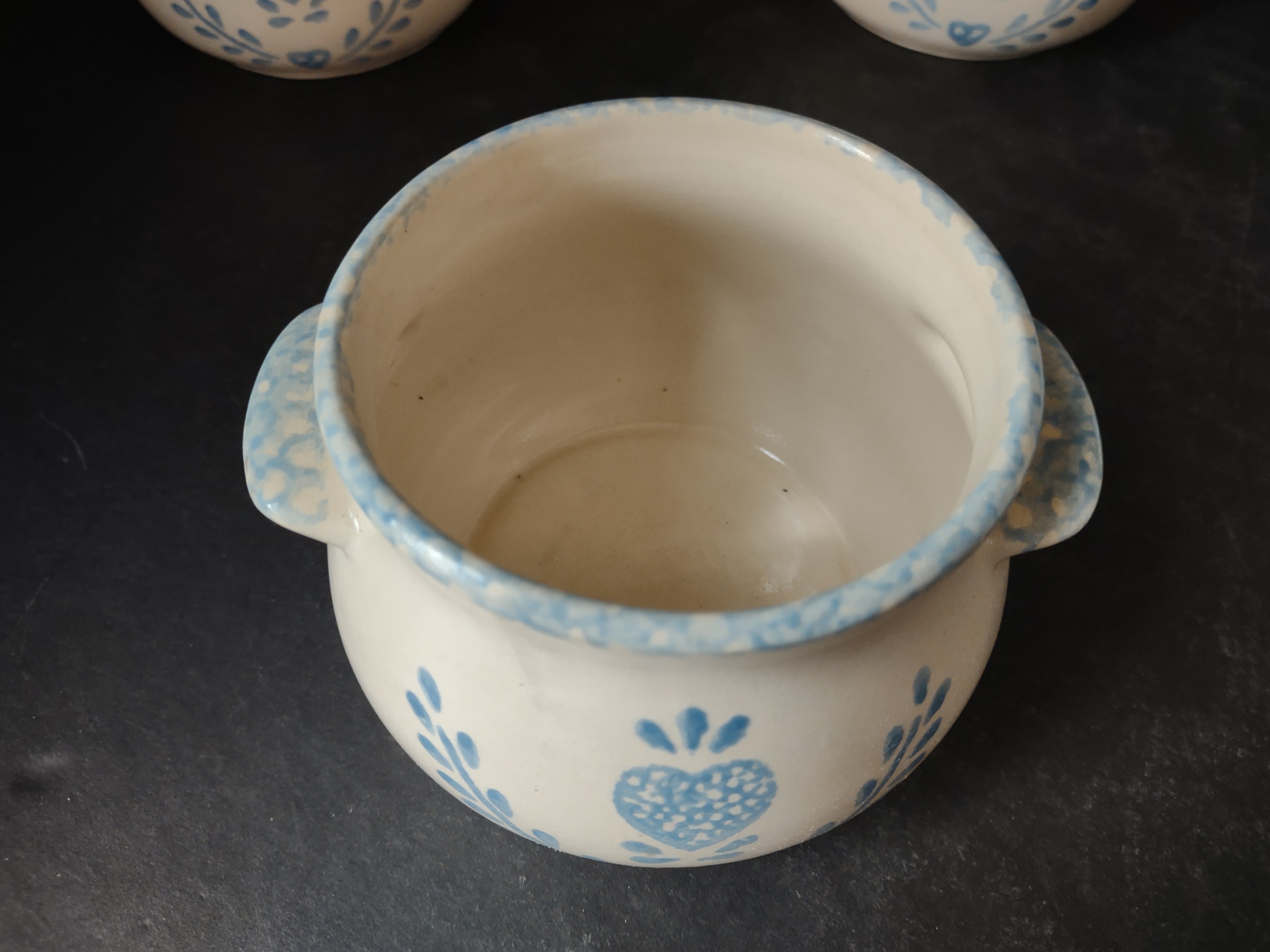 Vintage Stoneware Hearts Cottage White Blue Soup Bowl x 3 (lot 5307)