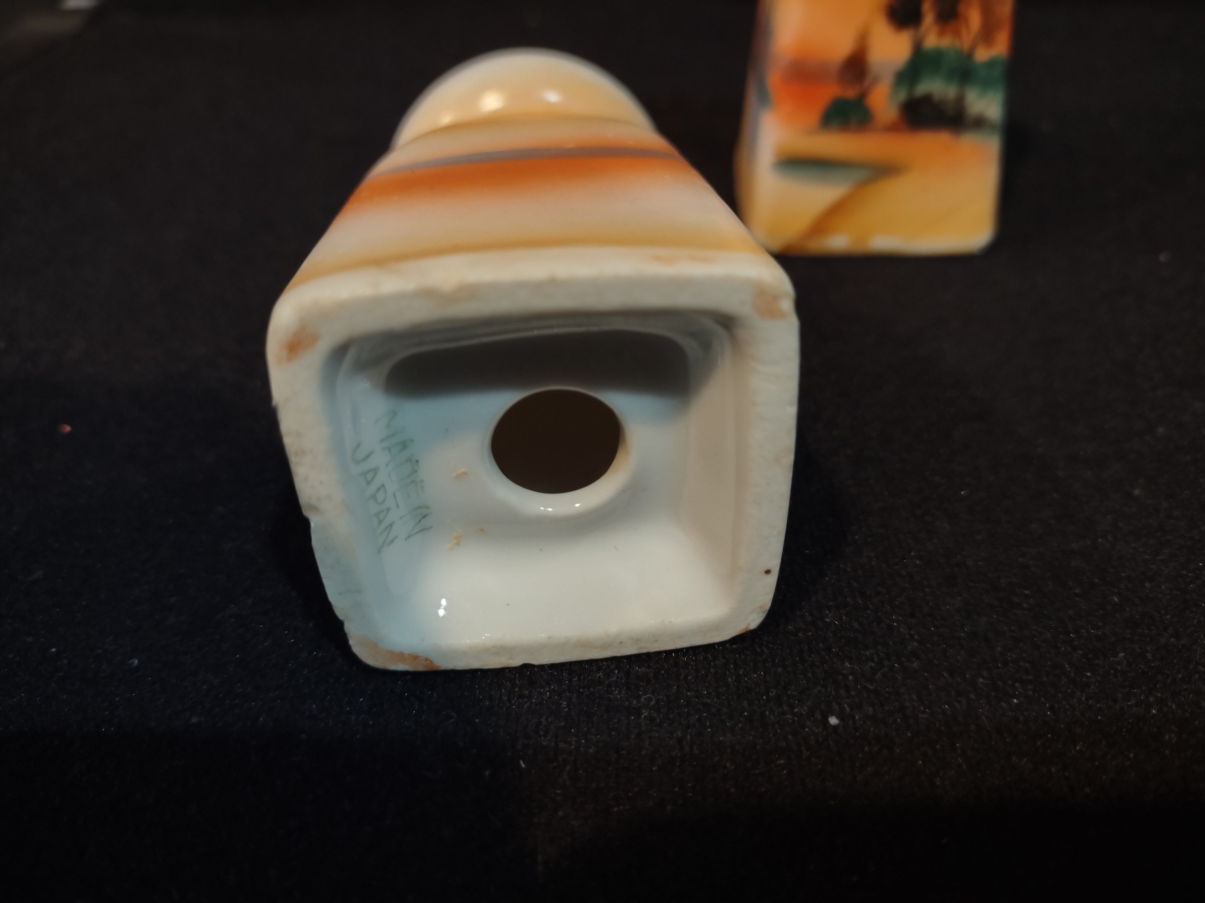 Vintage Japan Ceramic Salt Pepper Shaker Lake Trees Orange IMPERFECT (lot 5371)