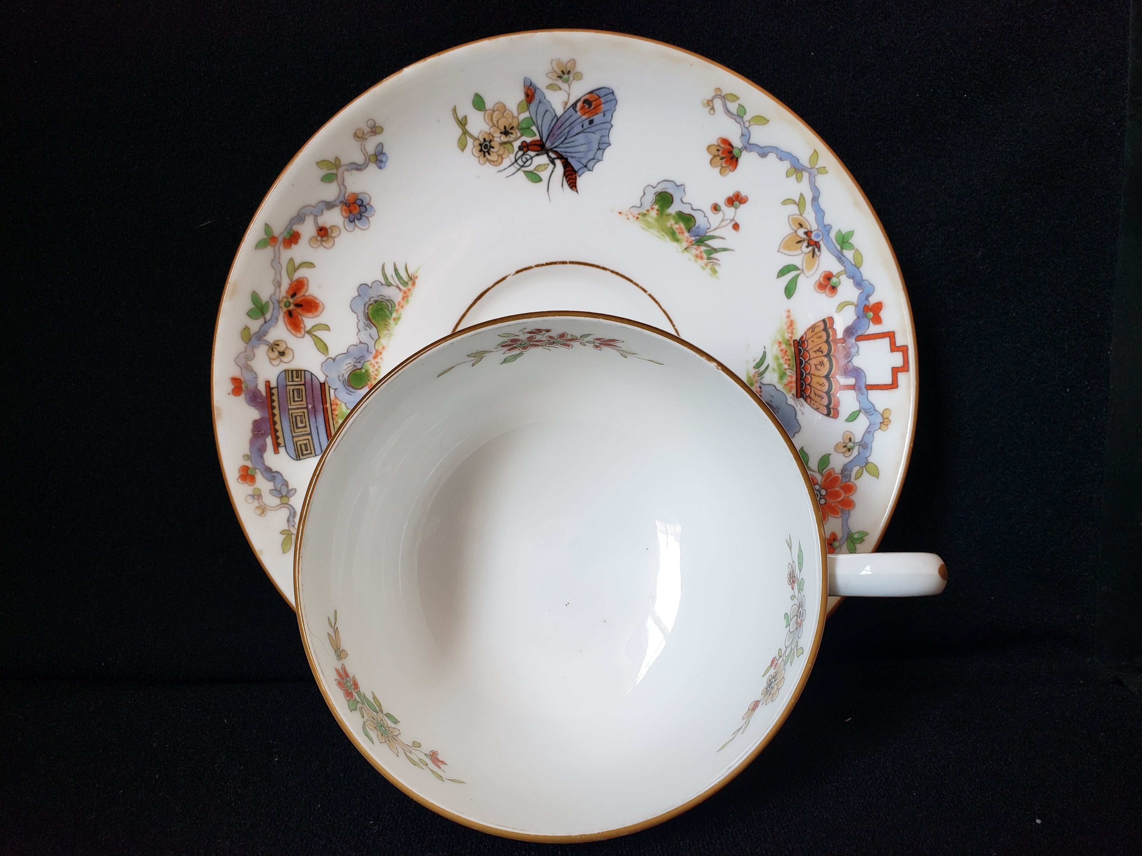 Vintage Royal Worcester Black Higgins Seiter Butterfly Tea Cup Saucer (lot 2120)