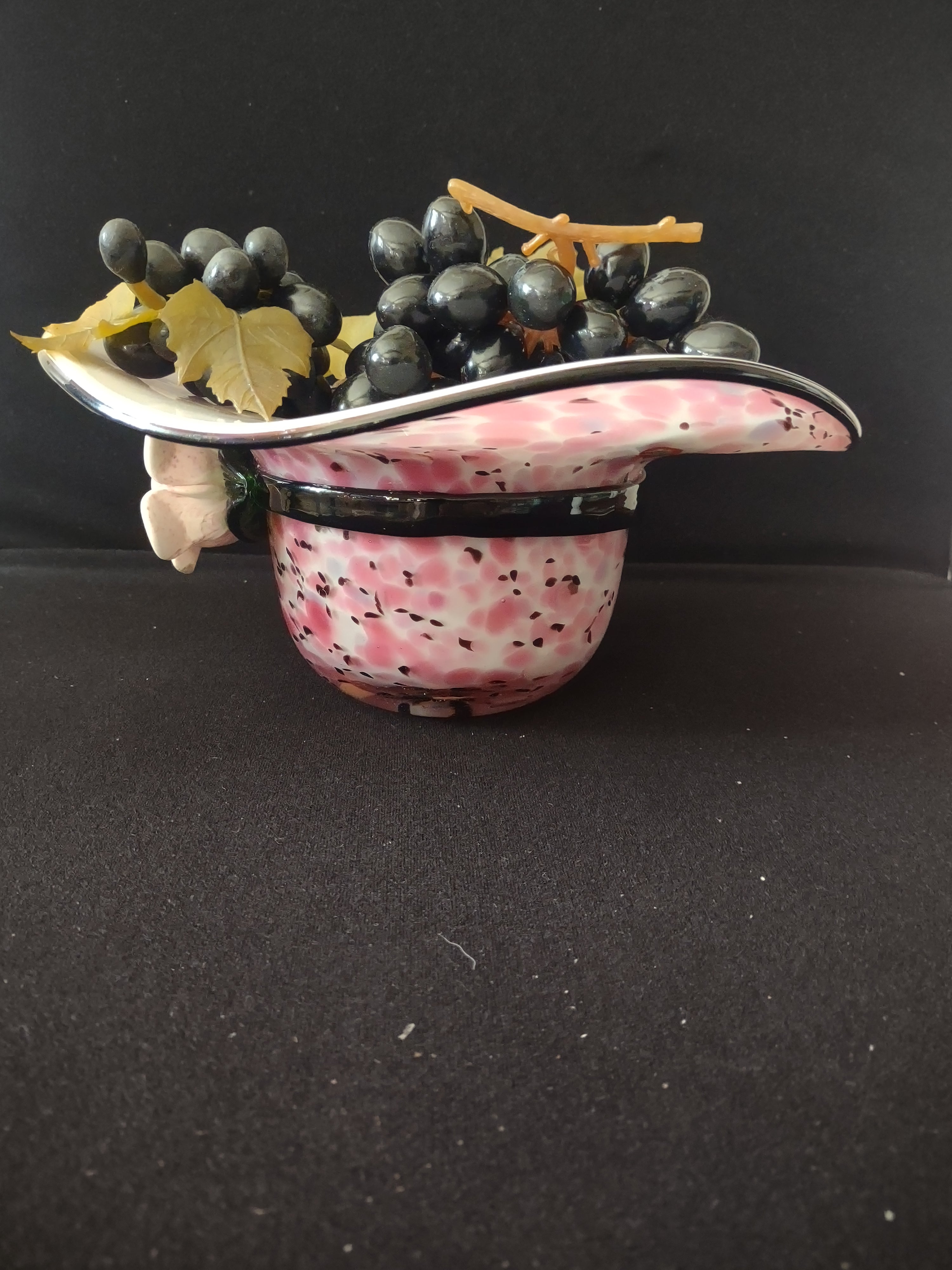 Millefiori Art Glass Block Crystal Pink Confetti Hat Fruit Bowl (Lot 3221)