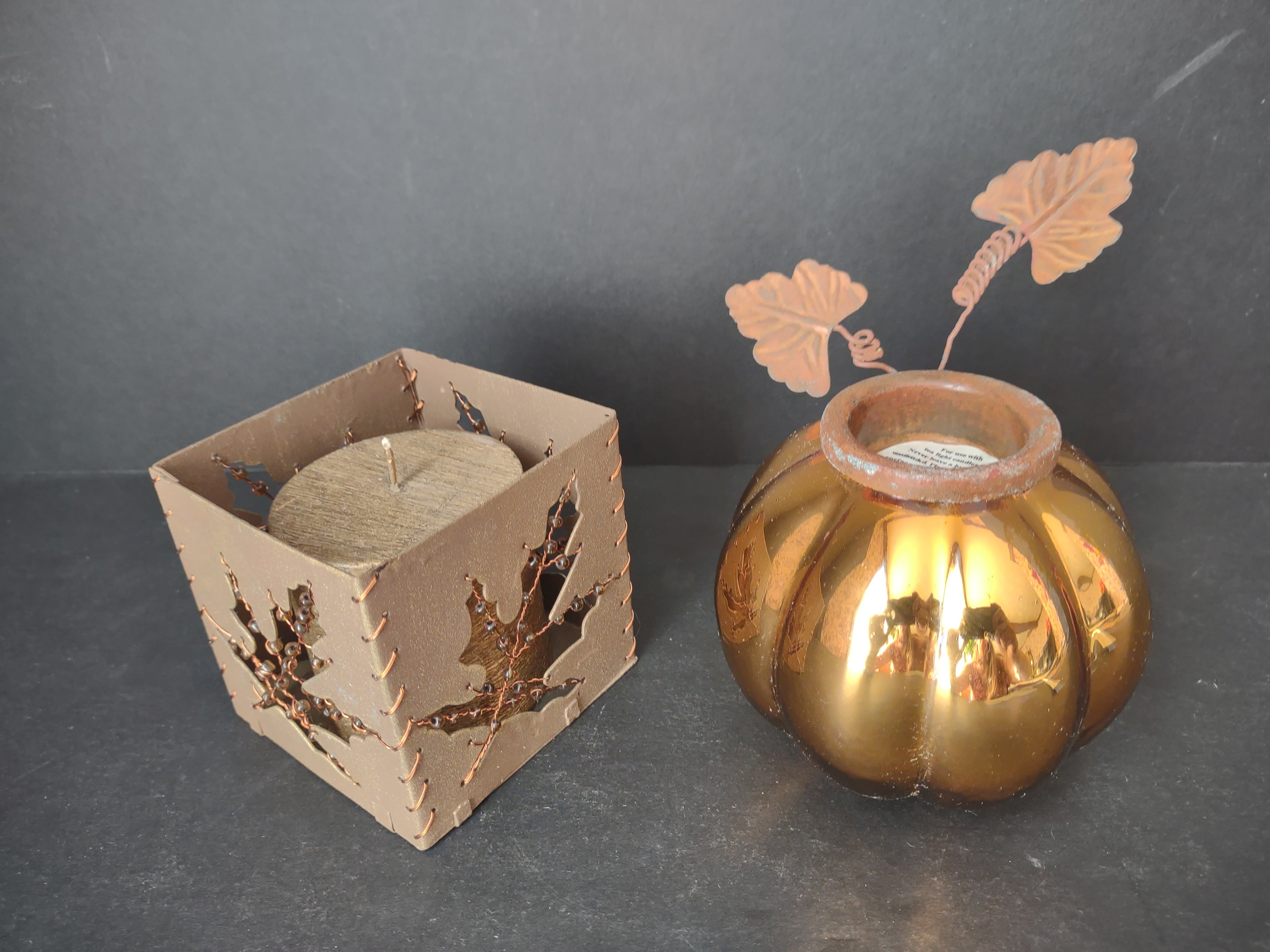 Halloween Fall Thanksgiving Glass Candle Holder and Candle (lot 1191)