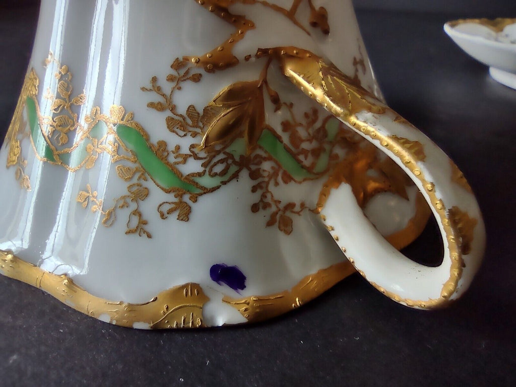 Haviland Limoges Green Heavy Gold Trim Bouillon Cup & Saucer IMPERFECT (lot 706)