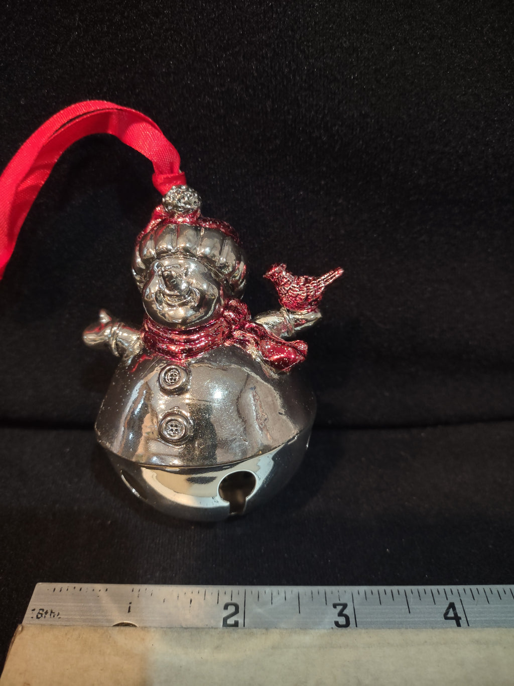 Christmas Silver Plated Snowman Bell Ornament Red Hat Scarf Cardinal (Lot 4101)