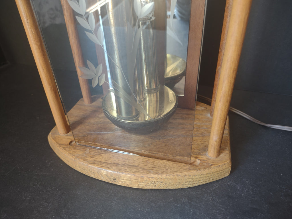 Vintage Retro Wood Table Lamp Etched Glass (lot 1745)