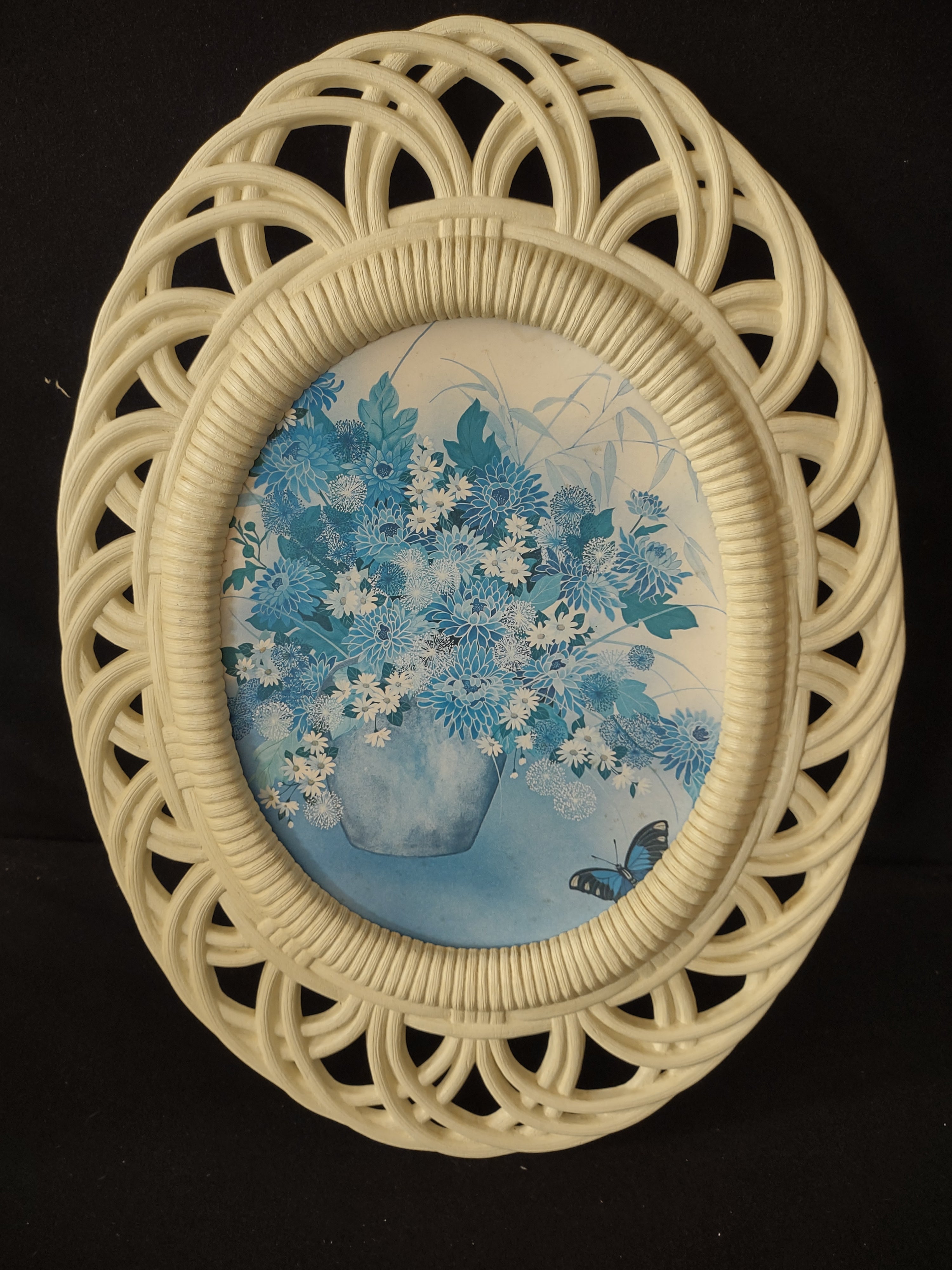 Vintage Burwood Faux Bamboo Blue Floral Pictures 17 X 12.5 Set Of 2 (Lot 3873)