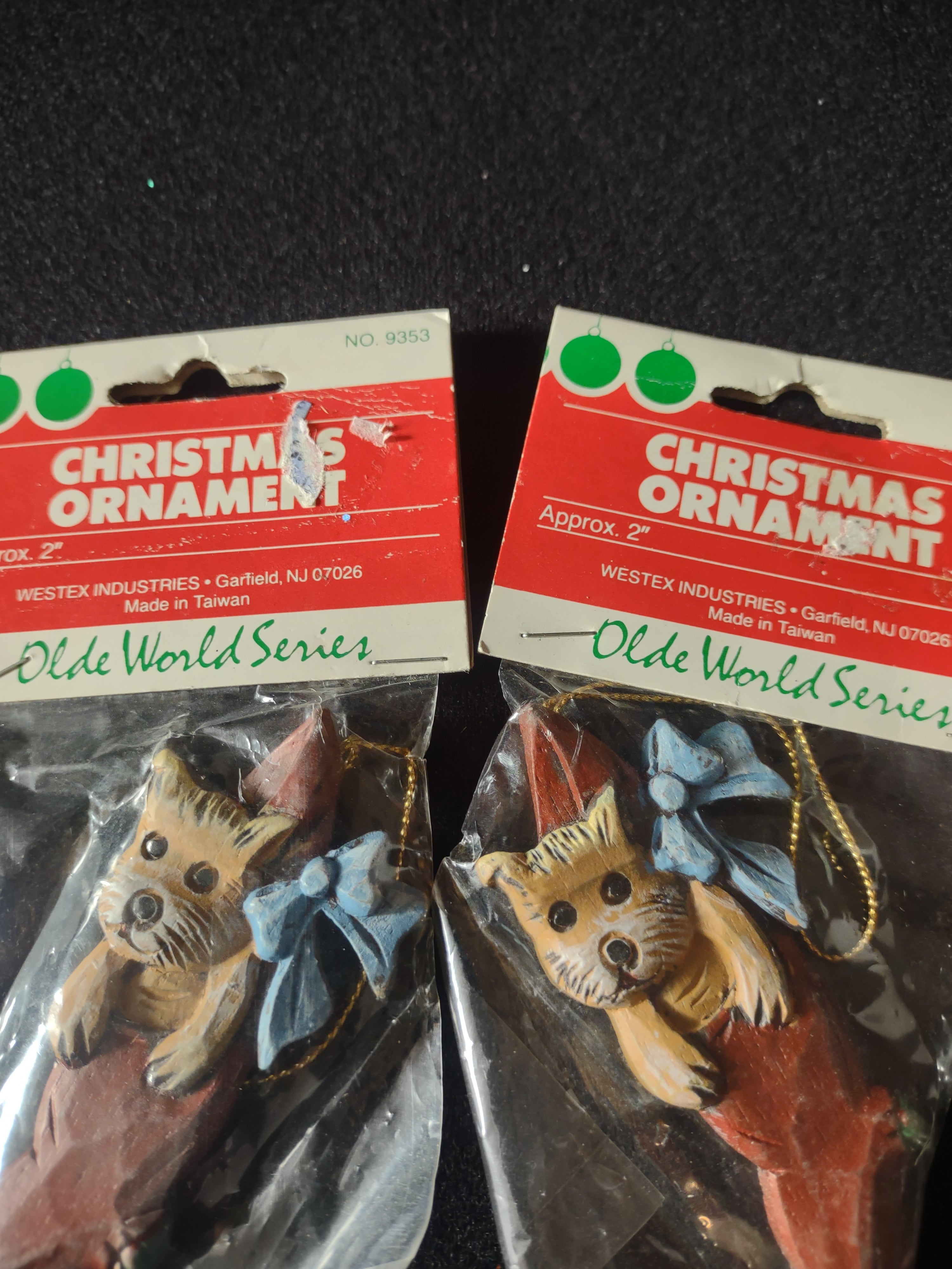 Vintage Westex Christmas Ornaments Dog Stocking Blue Bow Set Of 2 (Lot 4683)