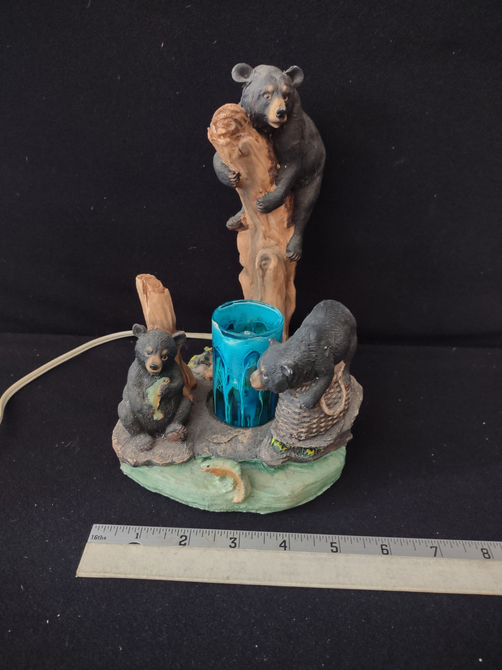 Vintage Dimmer Lighted 3 Bears Fishing Blue Lamp (Lot 3607t)