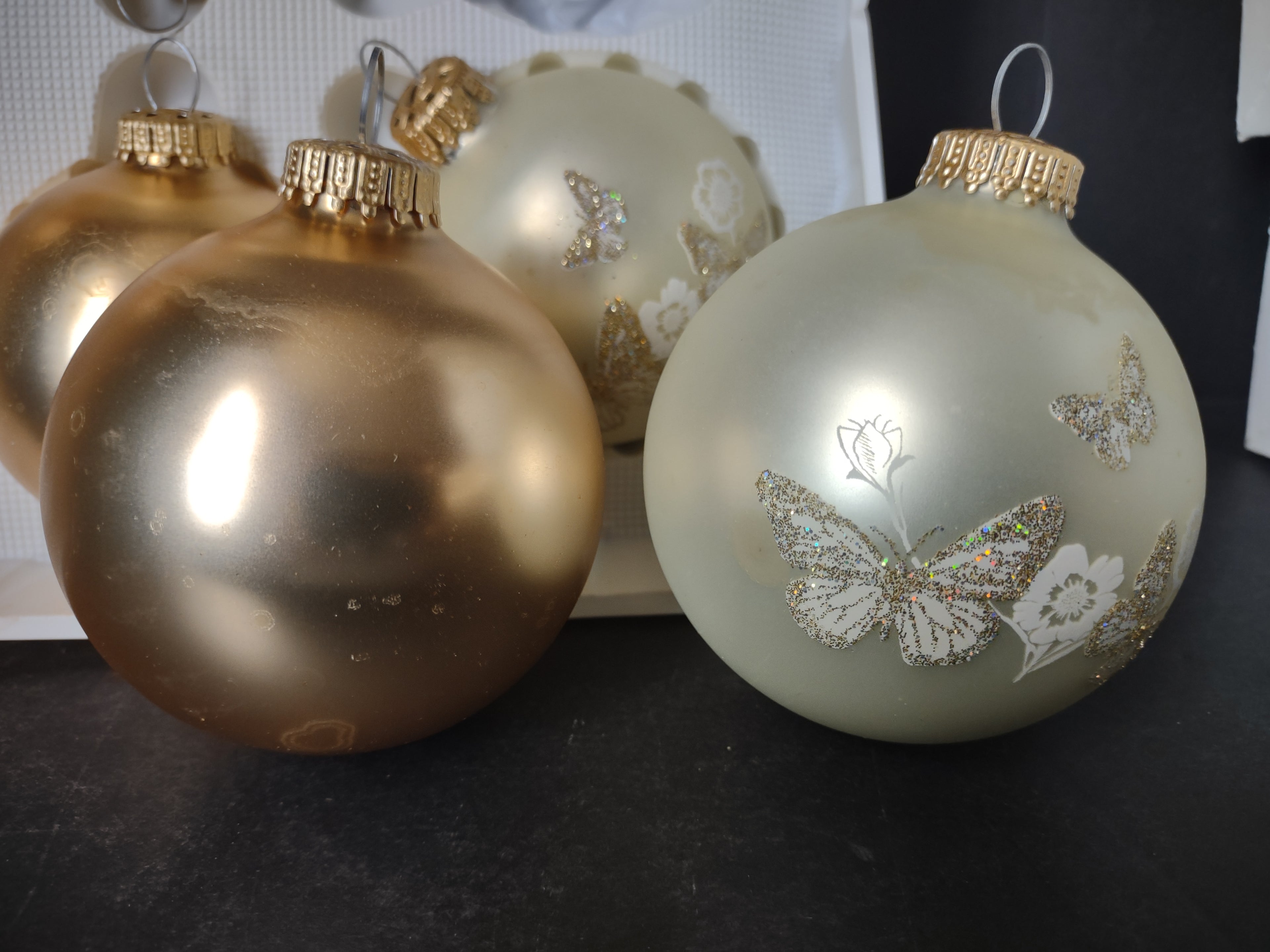 Vintage Christmas Set 6 Glass Ornaments Krebs 3" Butterfly Golden (lot 1434)