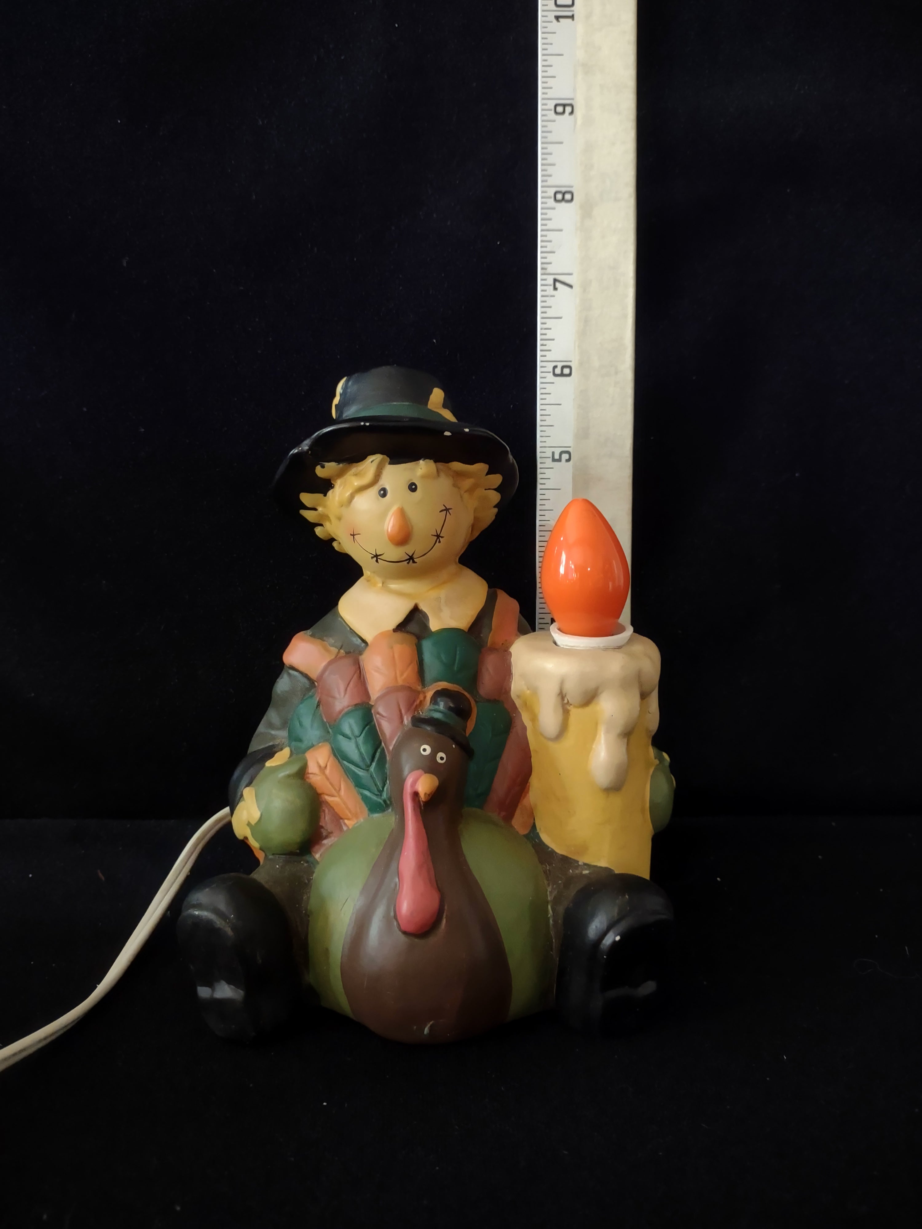 Thanksgiving Lighted Ceramic 6" Seated Scarecrow With Turkey (Lot 3147)
