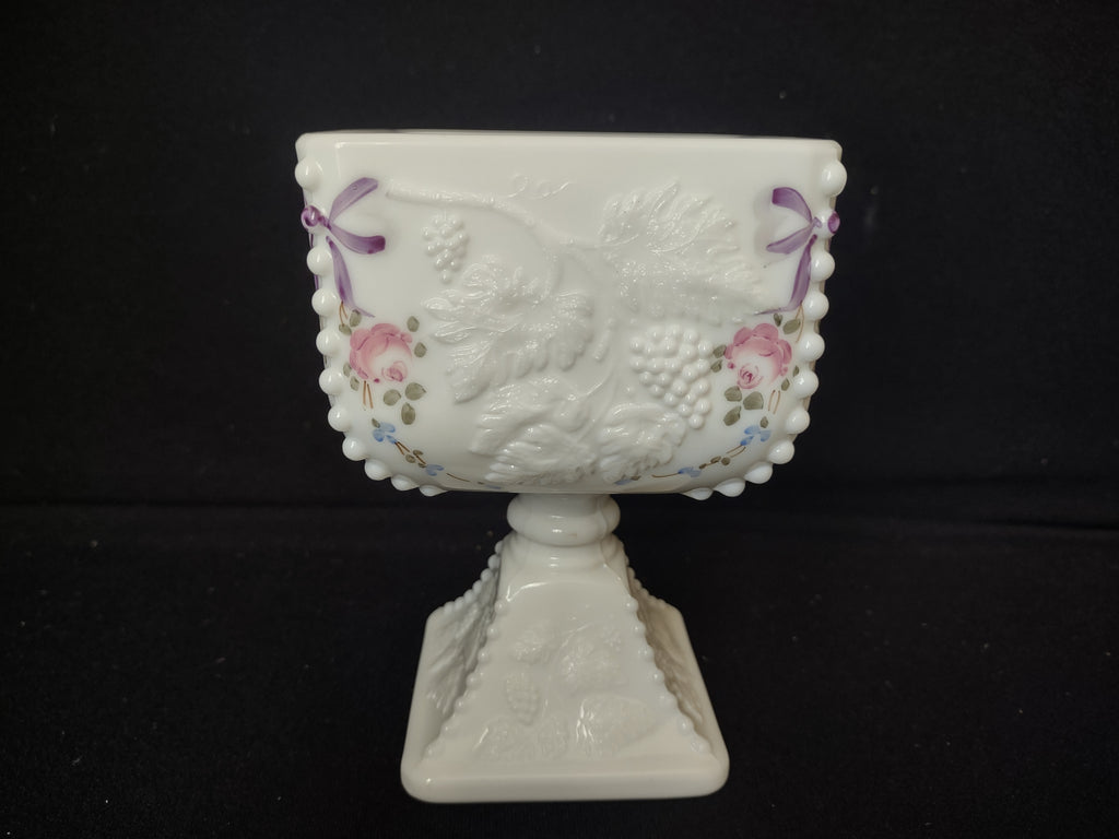 Vintage Westmoreland Milk Glass Vase Grapes Roses Bows (lot 2669c)